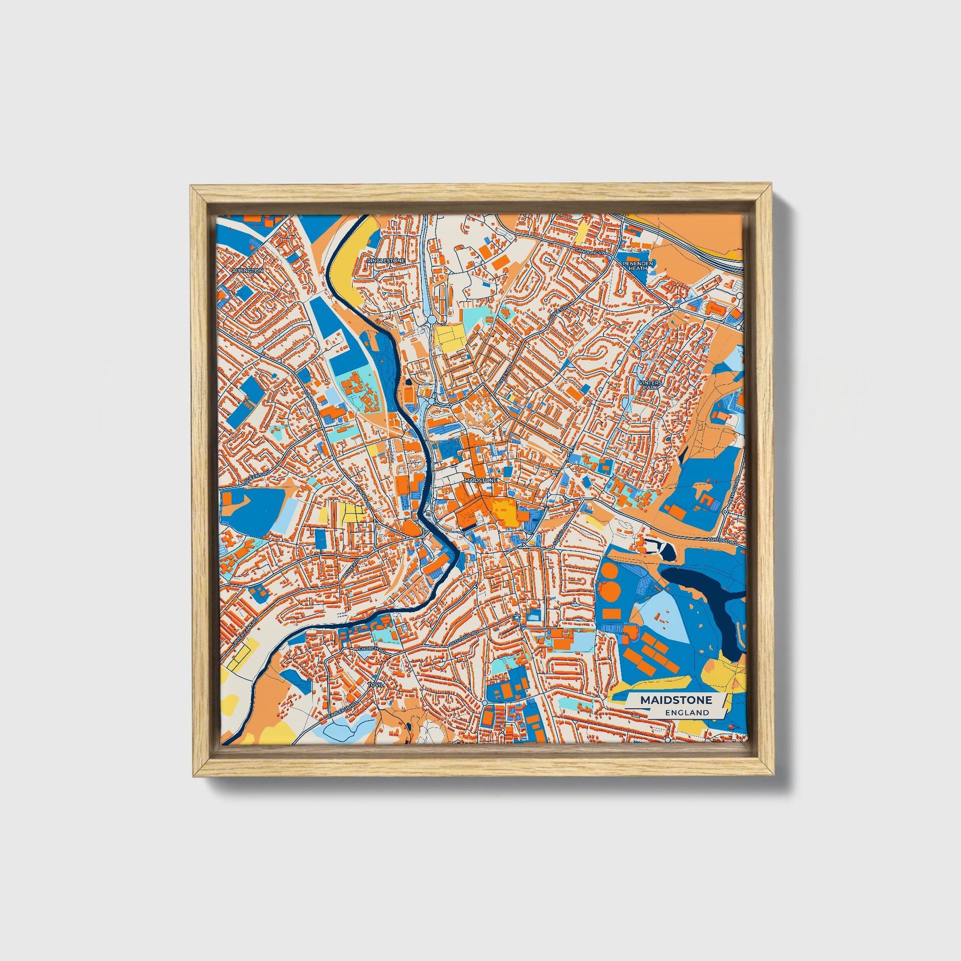 Maidstone England Colorful City Map Canvas Print • Natural Wooden Framed