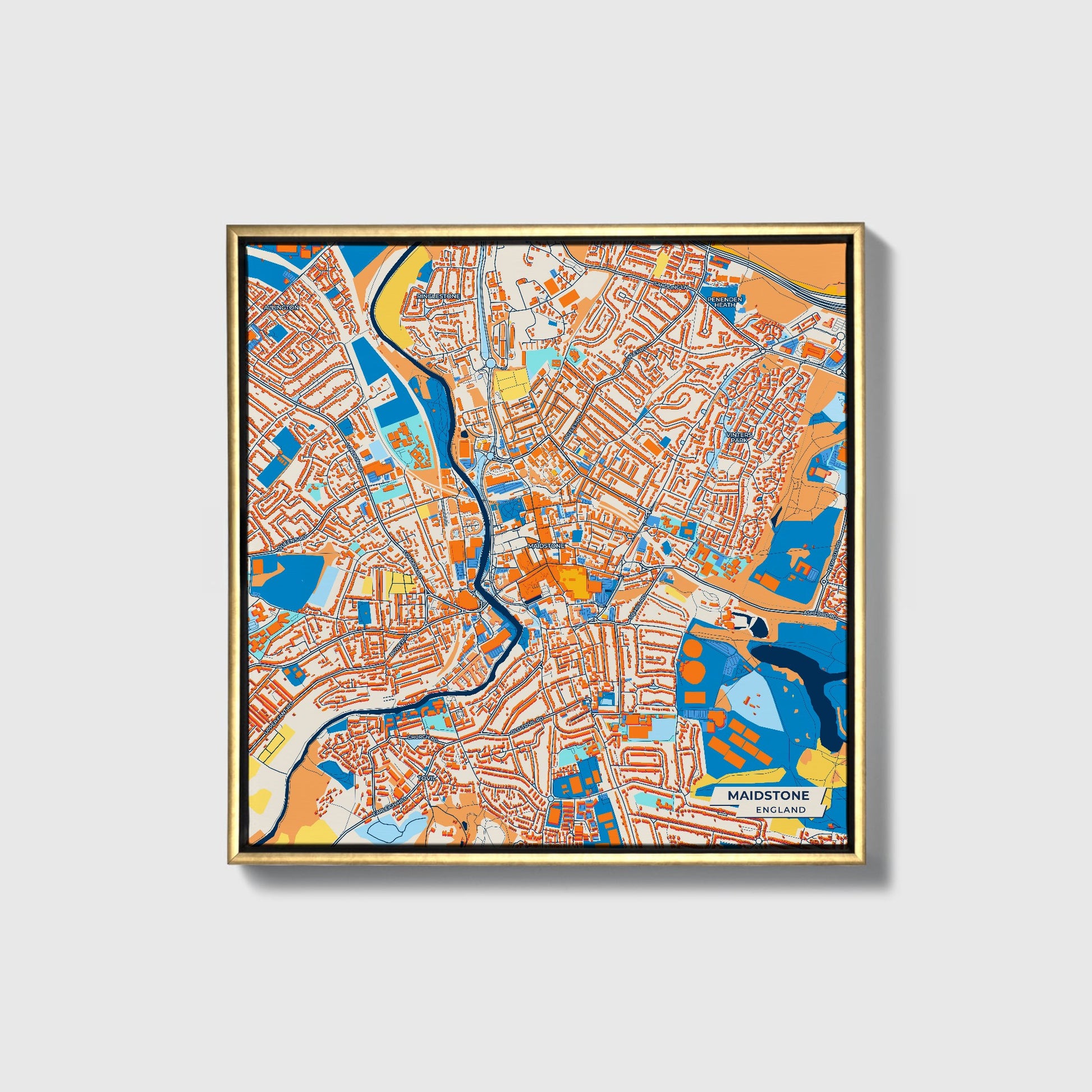 Maidstone England Colorful City Map Canvas Print • Gold Framed