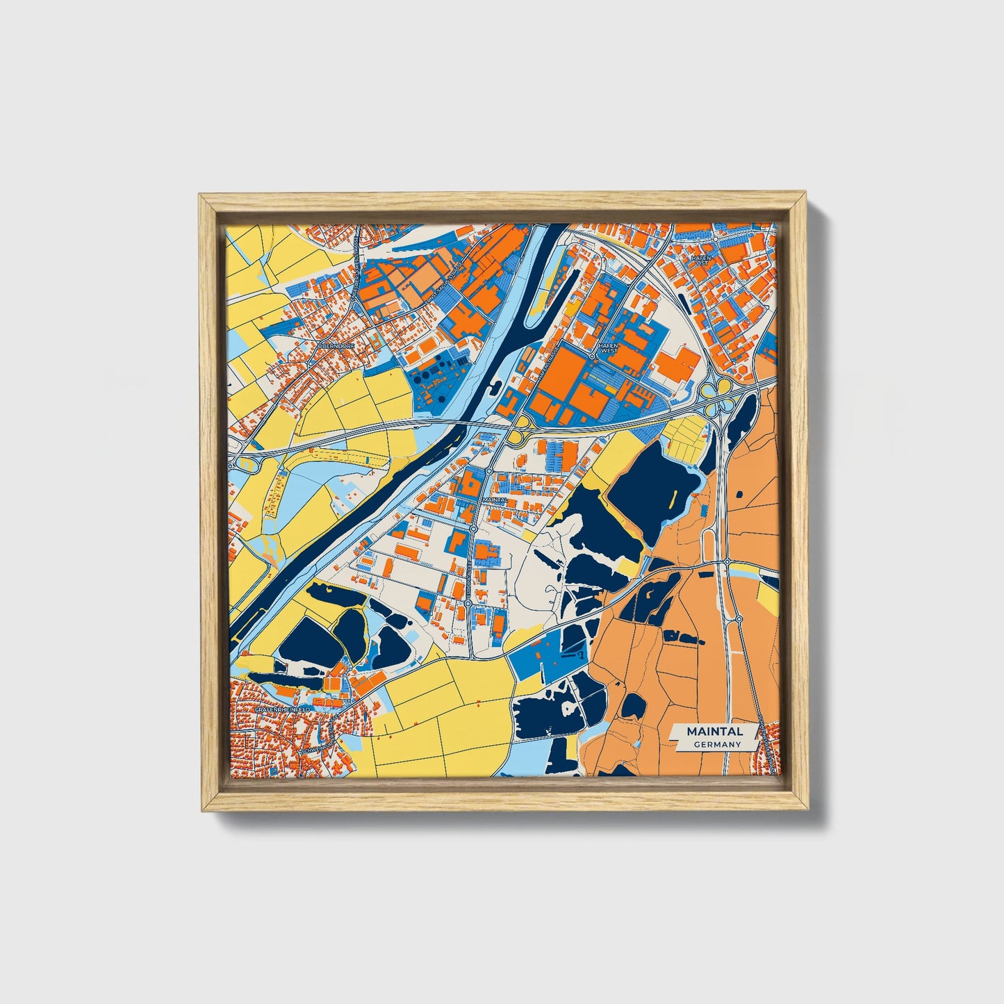 Maintal Germany Colorful City Map Canvas Print • Natural Wooden Framed