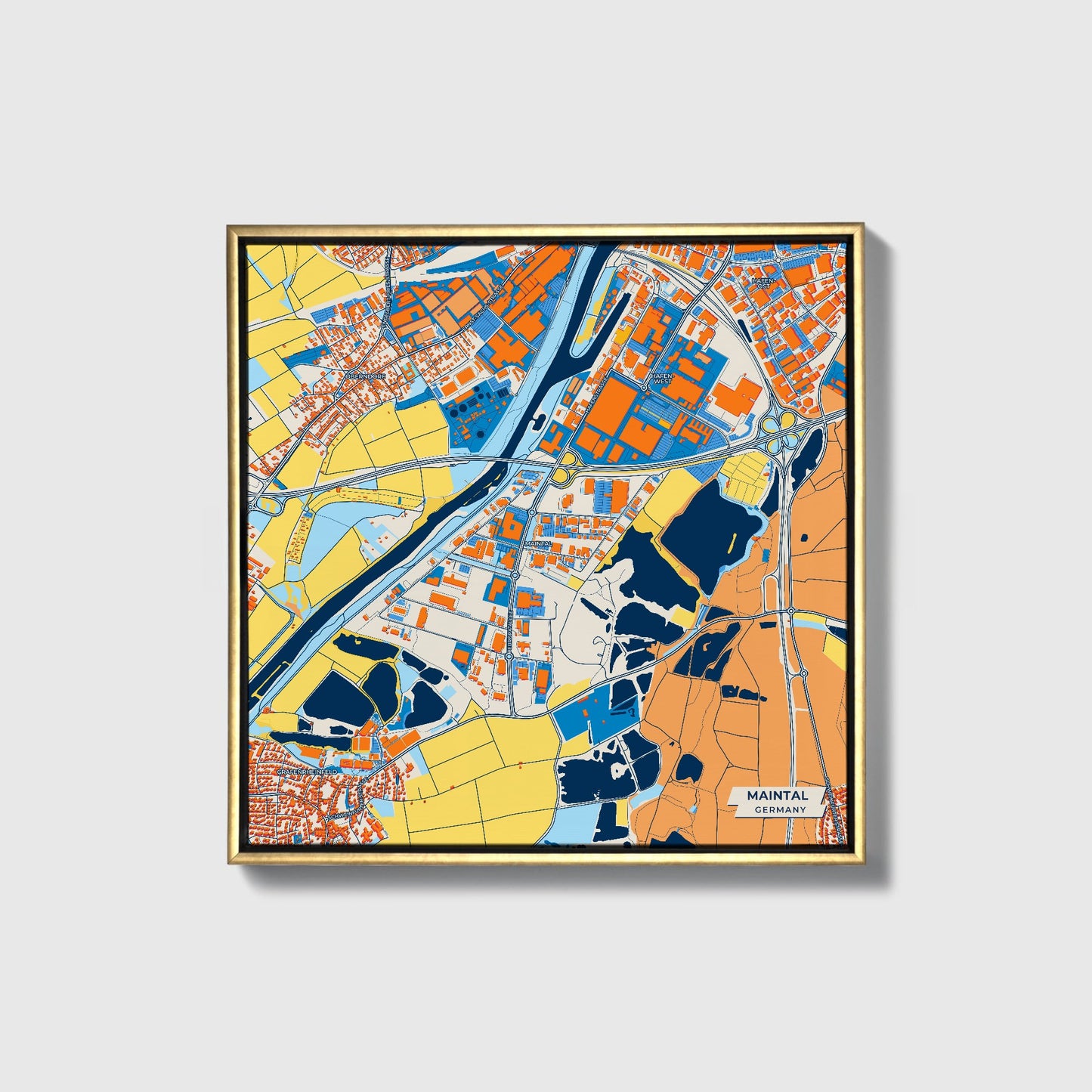 Maintal Germany Colorful City Map Canvas Print • Gold Framed