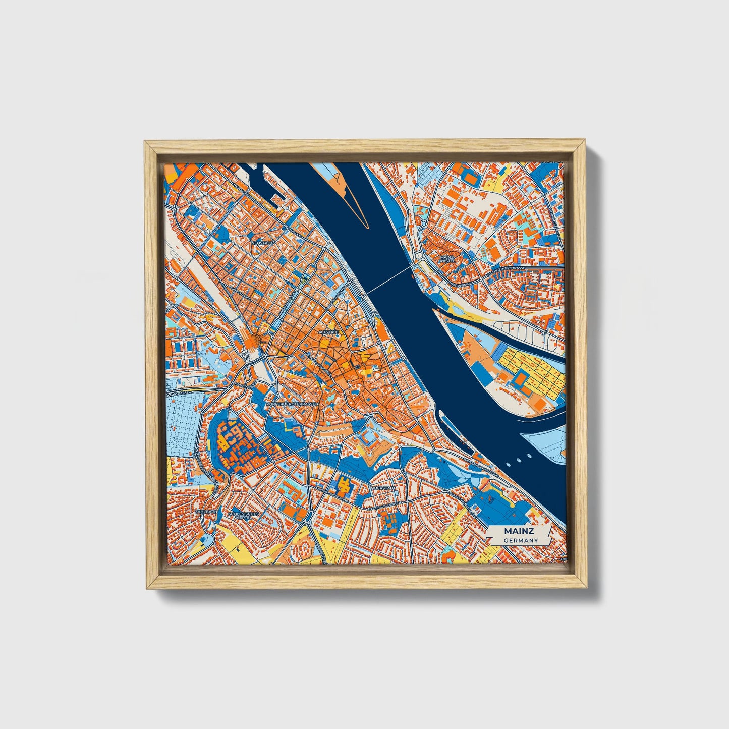 Mainz Germany Colorful City Map Canvas Print • Natural Wooden Framed