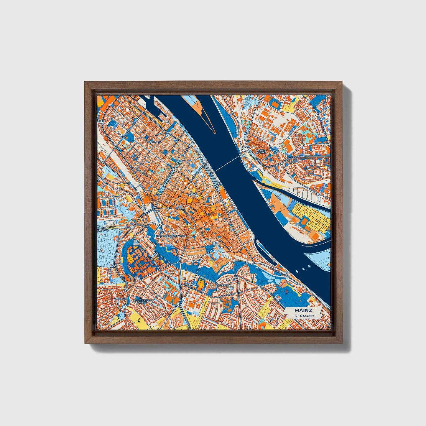 Mainz Germany Colorful City Map Canvas Print • Dark Wooden Framed