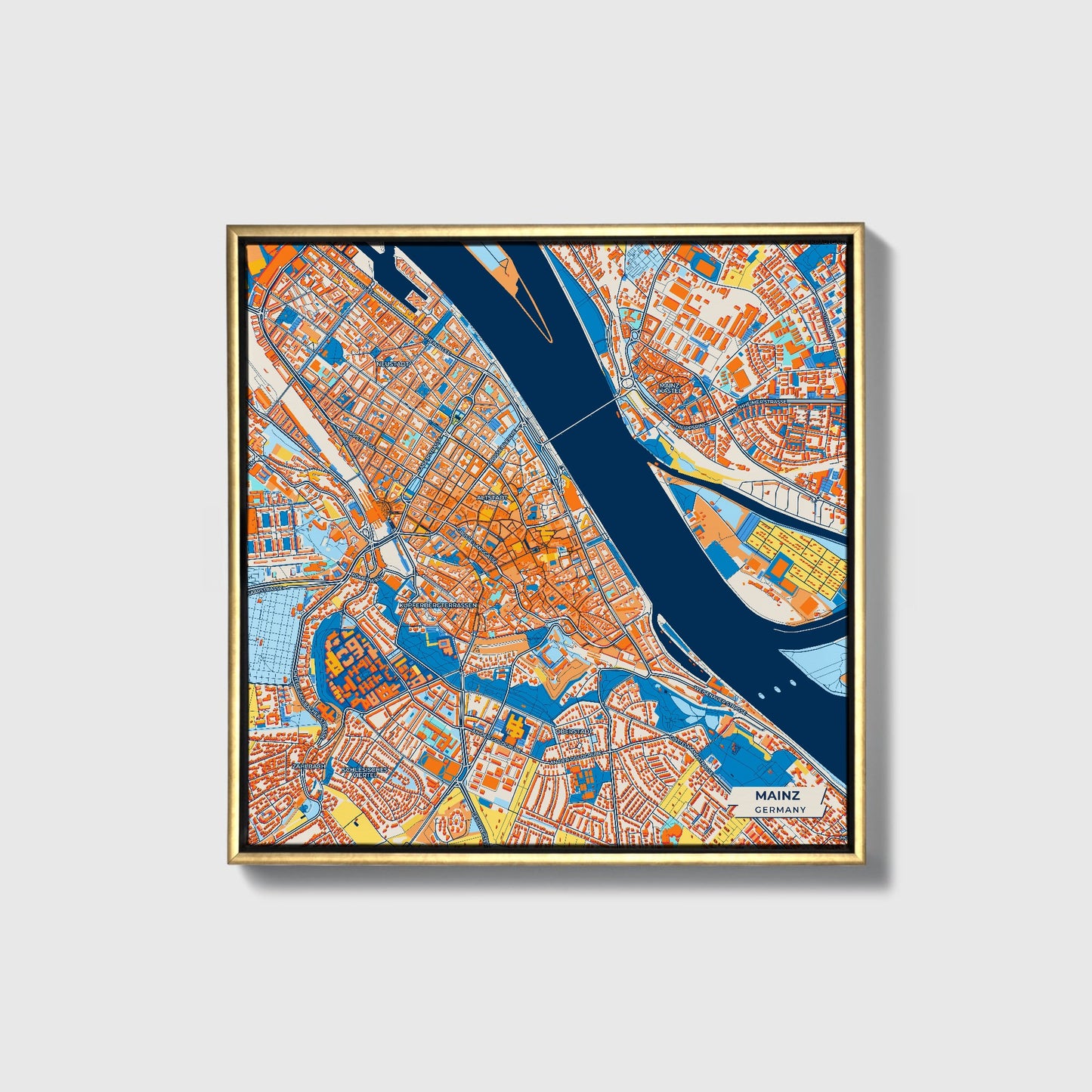 Mainz Germany Colorful City Map Canvas Print • Gold Framed
