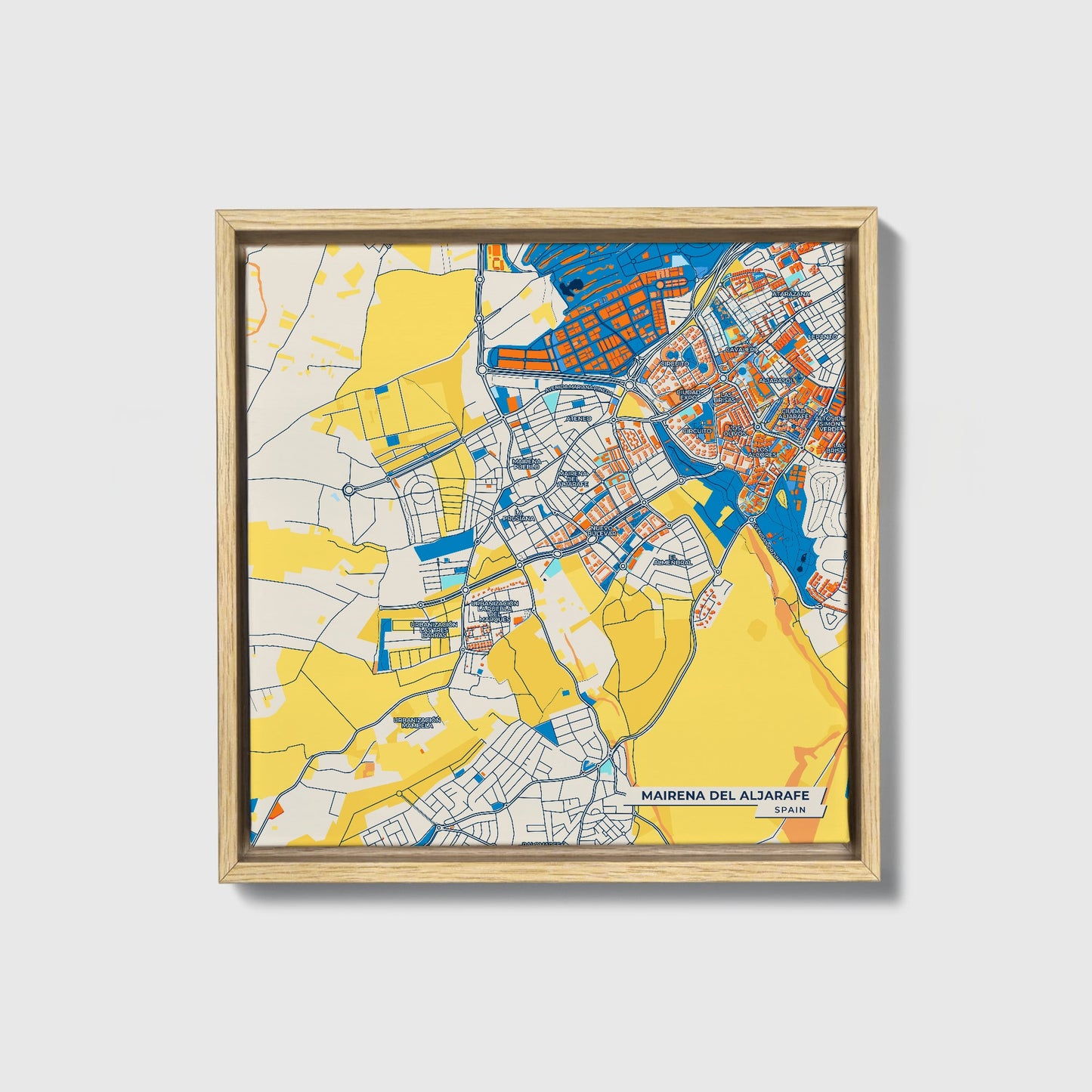 Mairena Del Aljarafe Spain Colorful City Map Canvas Print • Natural Wooden Framed