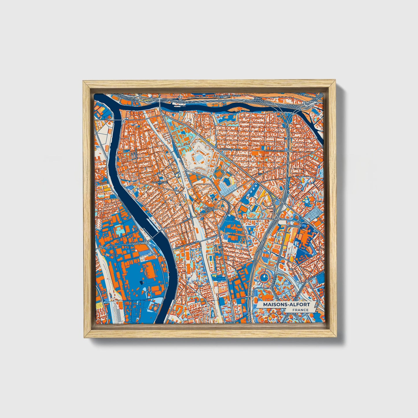 Maisons-Alfort France Colorful City Map Canvas Print • Natural Wooden Framed