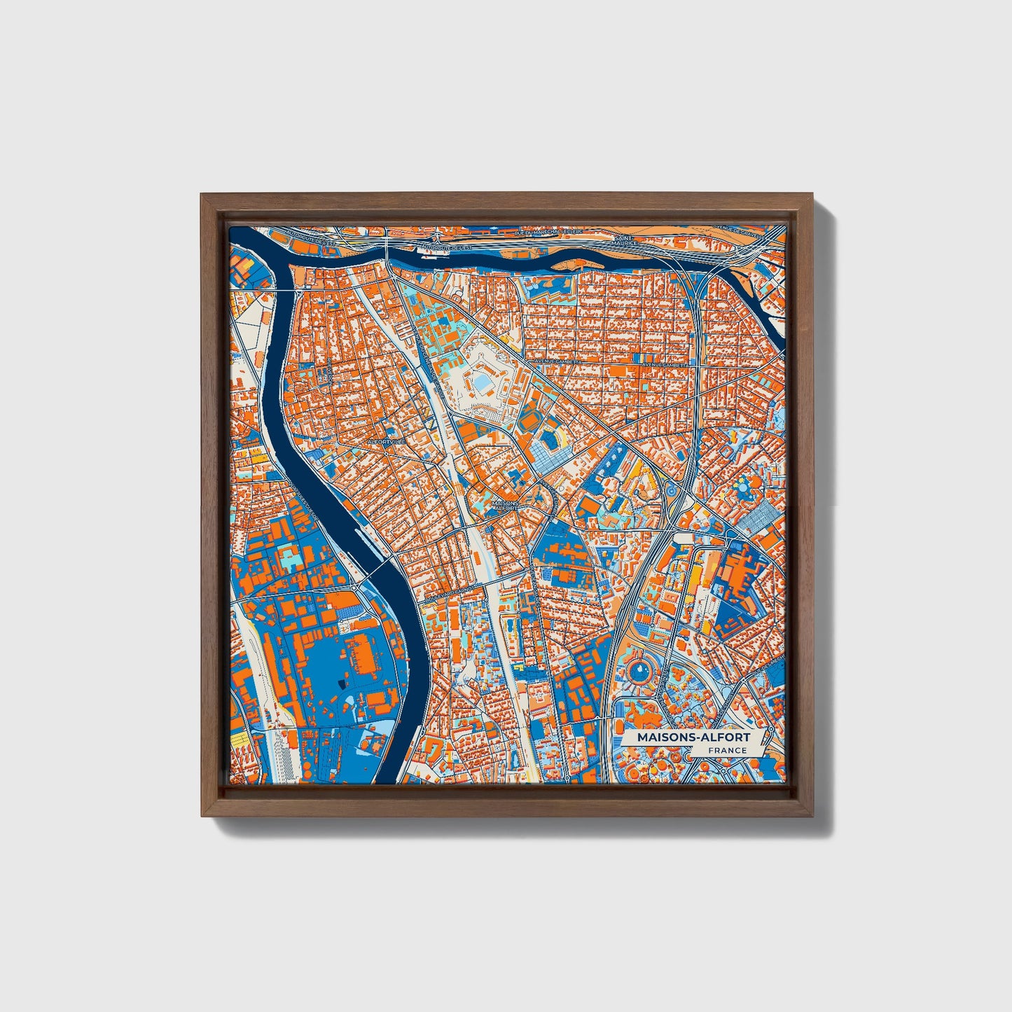Maisons-Alfort France Colorful City Map Canvas Print • Dark Wooden Framed