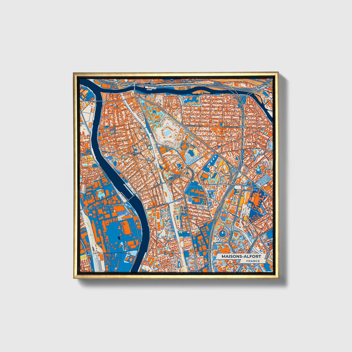 Maisons-Alfort France Colorful City Map Canvas Print • Gold Framed