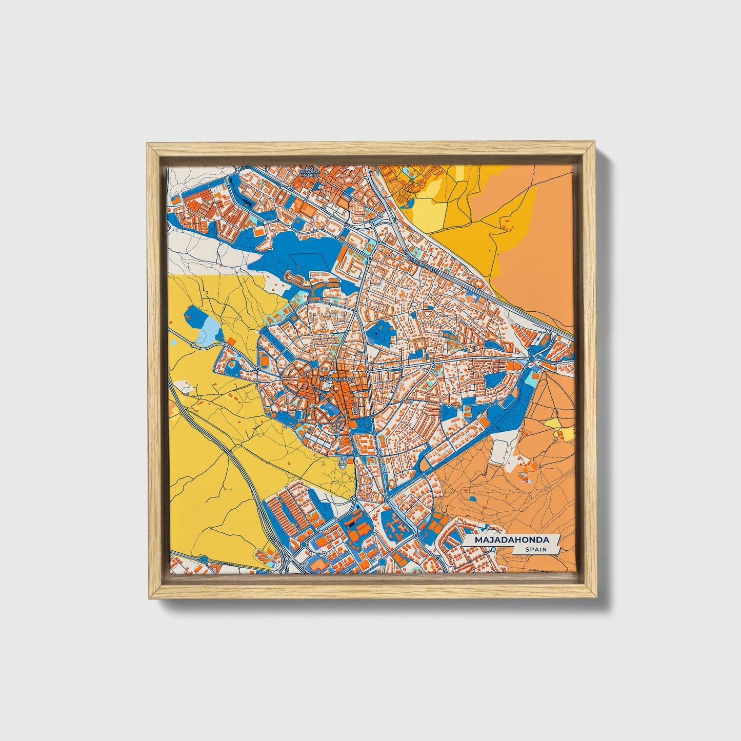 Majadahonda Spain Colorful City Map Canvas Print • Natural Wooden Framed