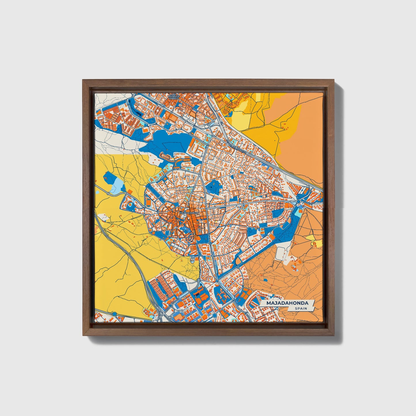 Majadahonda Spain Colorful City Map Canvas Print • Dark Wooden Framed
