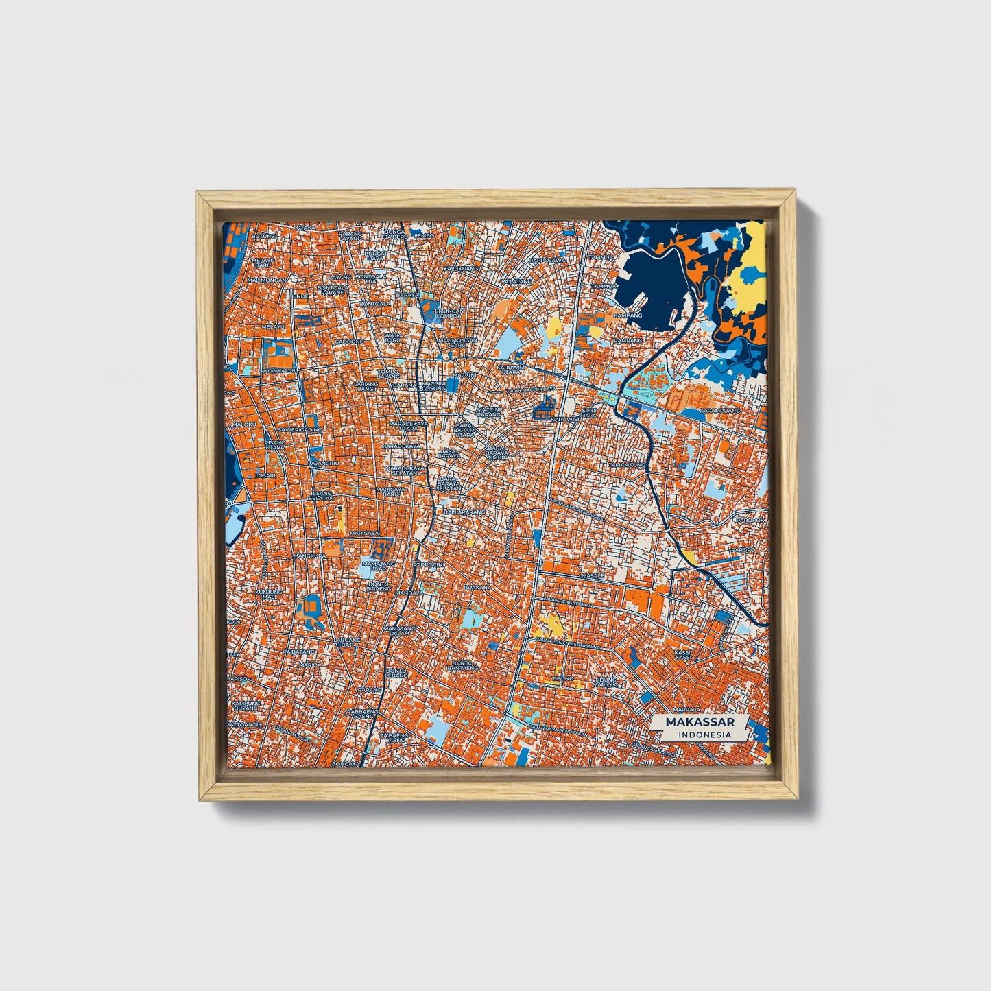 Makassar Indonesia Colorful City Map Canvas Print • Natural Wooden Framed