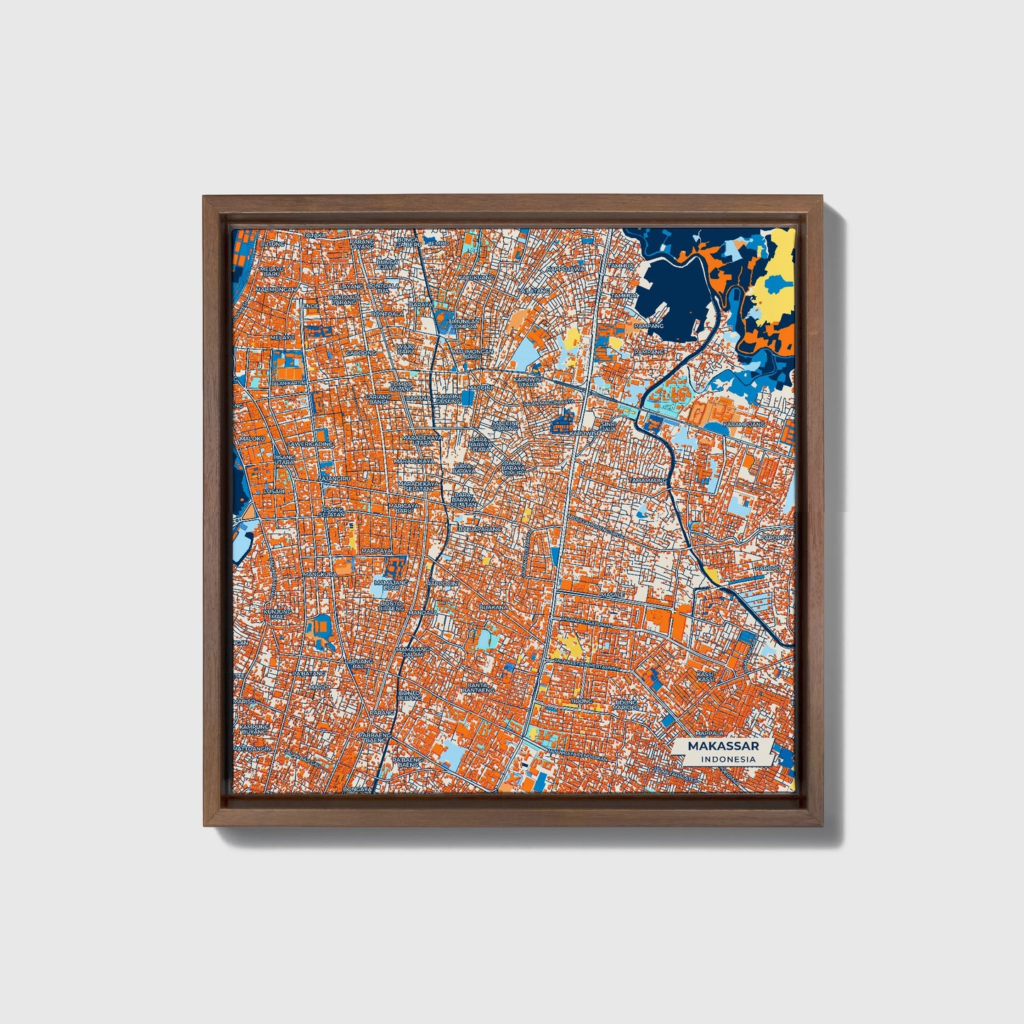 Makassar Indonesia Colorful City Map Canvas Print • Dark Wooden Framed