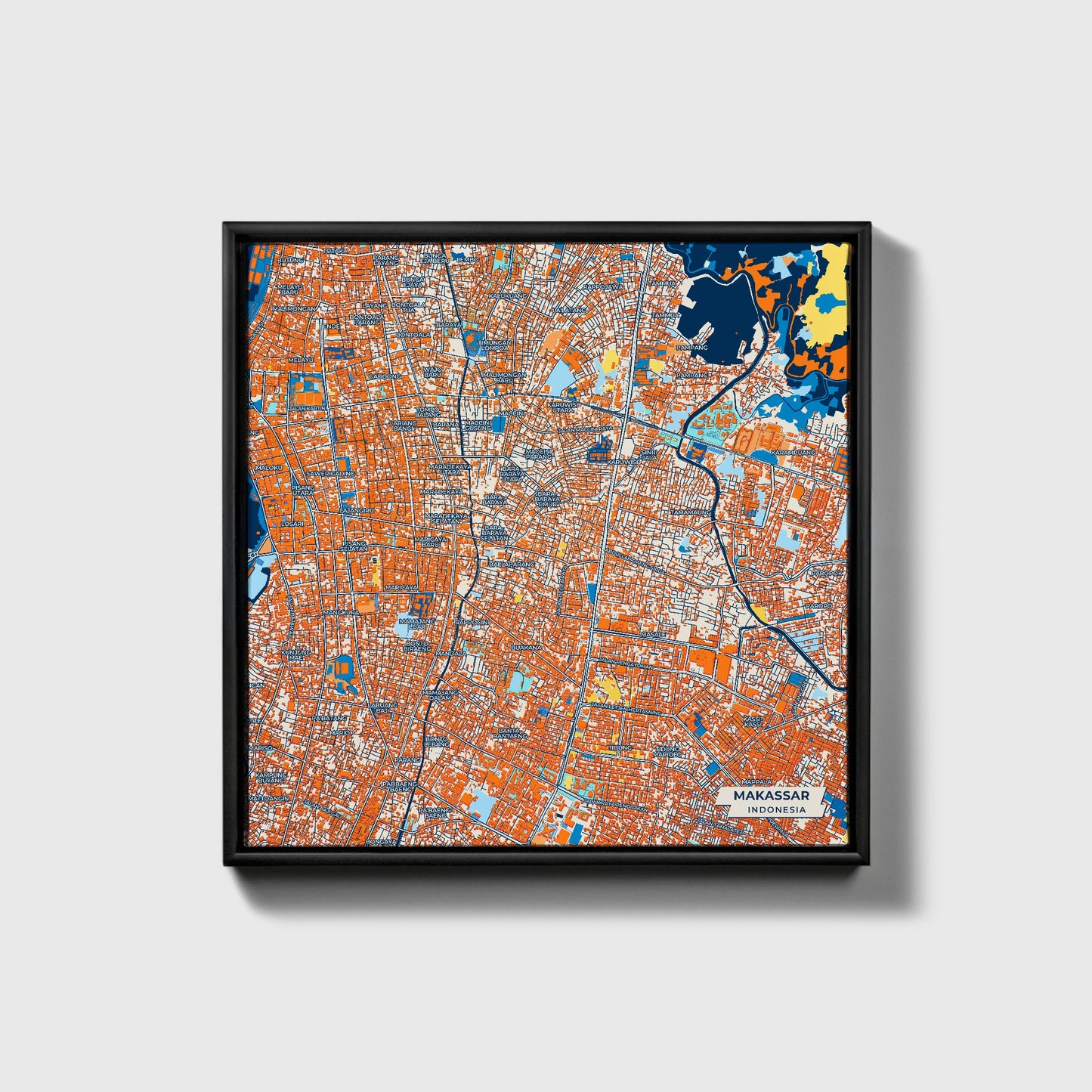 Makassar Indonesia Colorful City Map Canvas Print • Black Framed