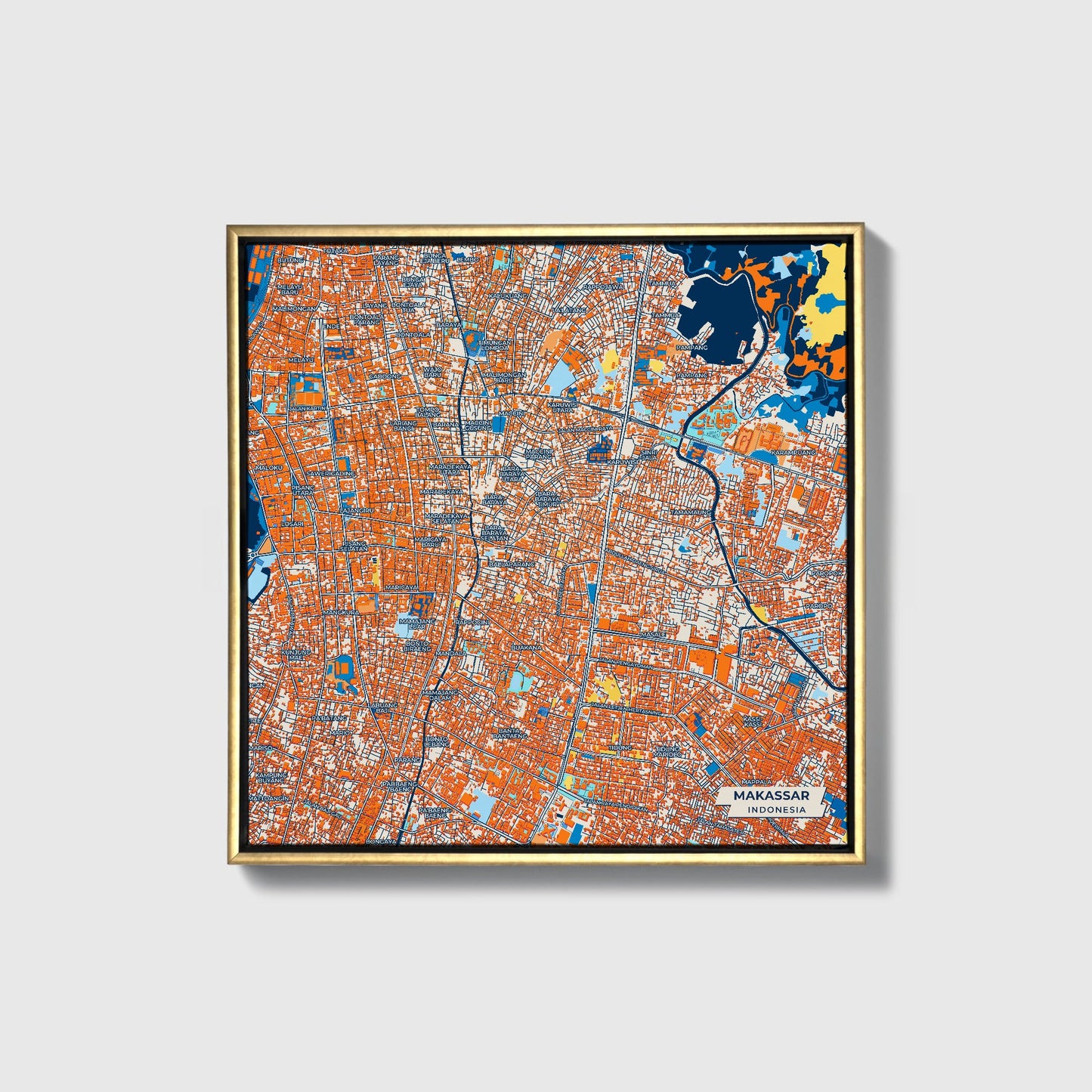 Makassar Indonesia Colorful City Map Canvas Print • Gold Framed