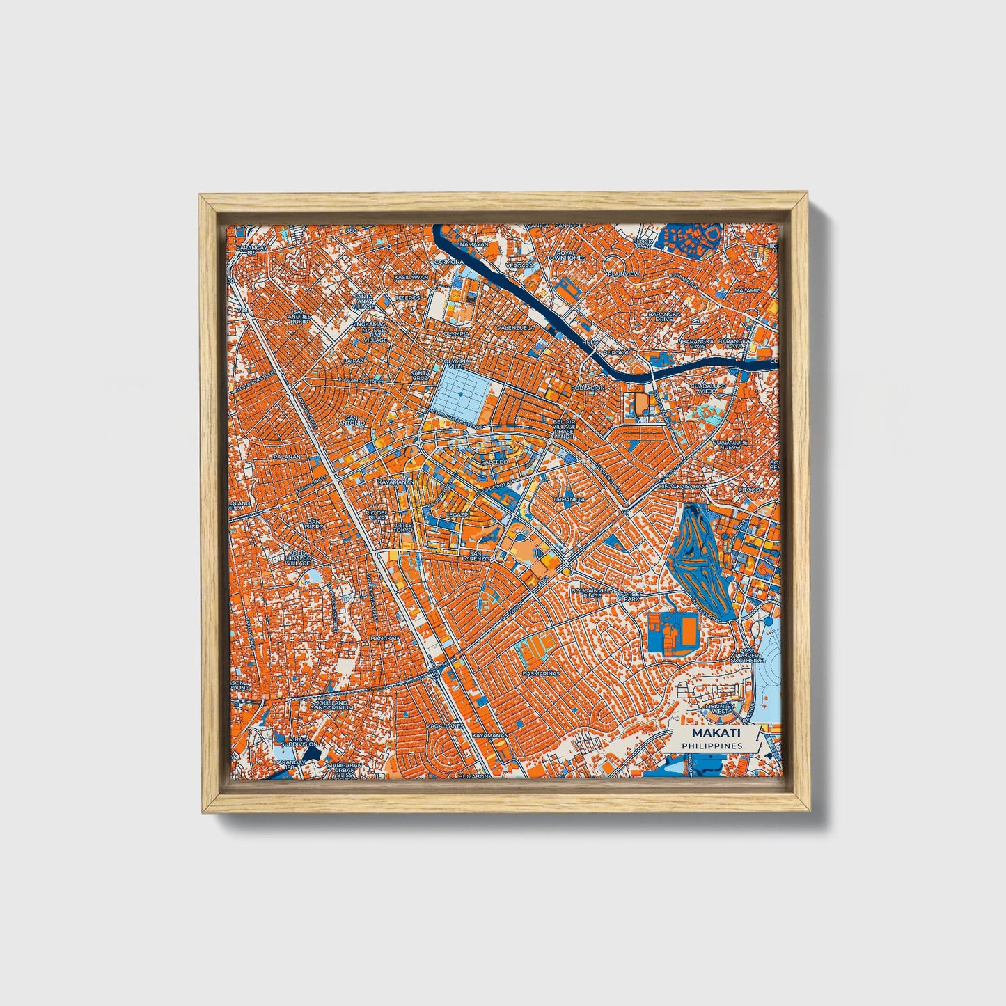 Makati Philippines Colorful City Map Canvas Print • Natural Wooden Framed