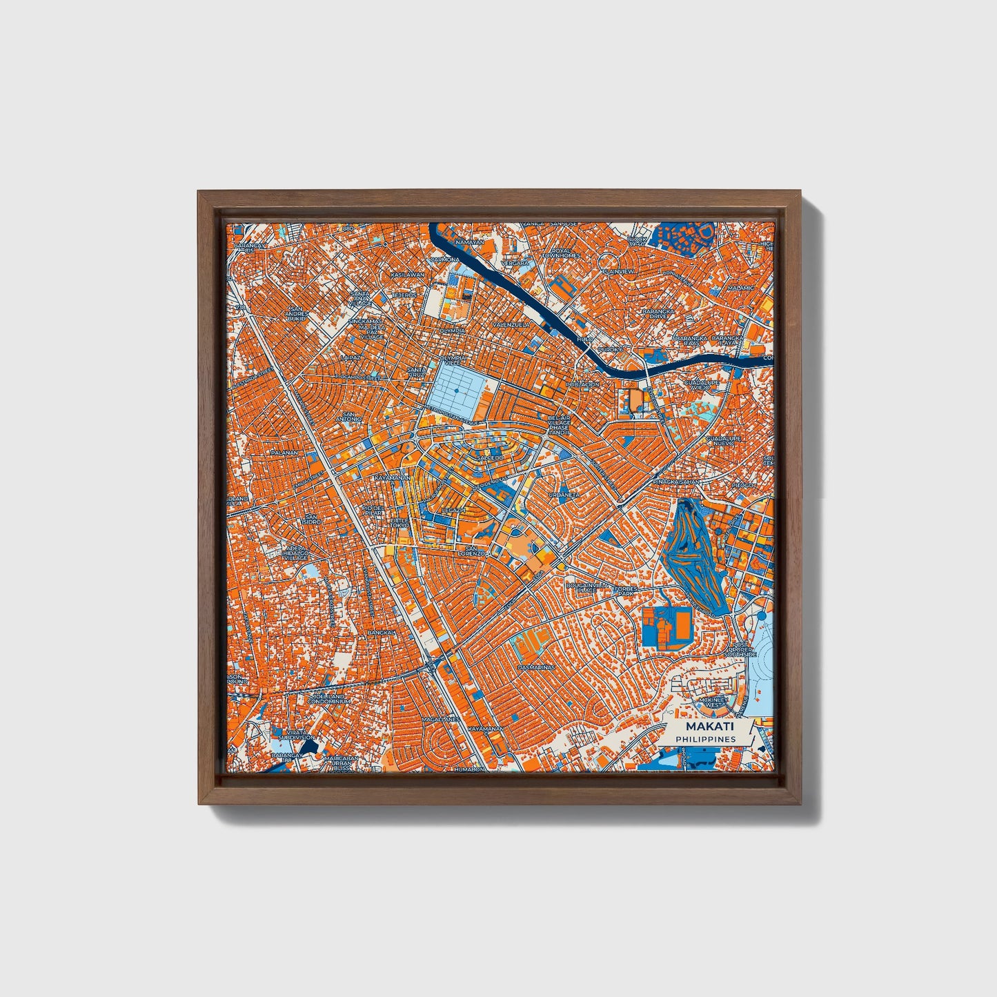 Makati Philippines Colorful City Map Canvas Print • Dark Wooden Framed