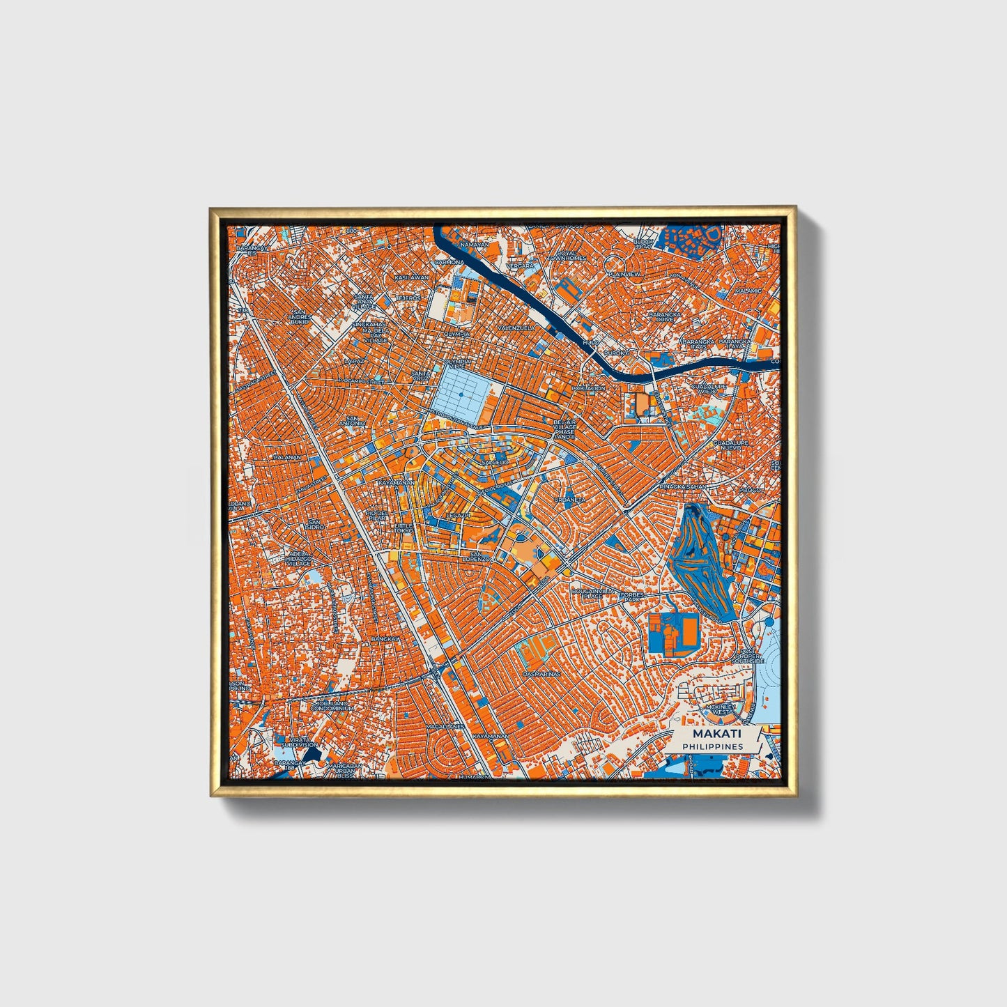 Makati Philippines Colorful City Map Canvas Print • Gold Framed