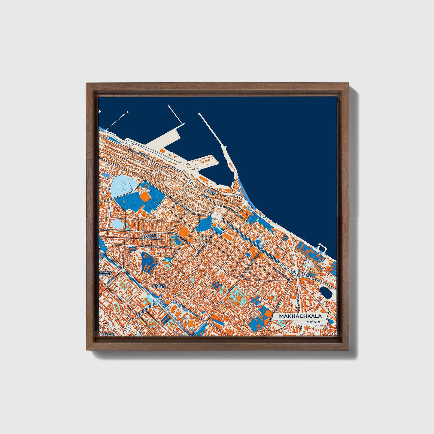 Махачкала Russia Colorful City Map Canvas Print • Dark Wooden Framed