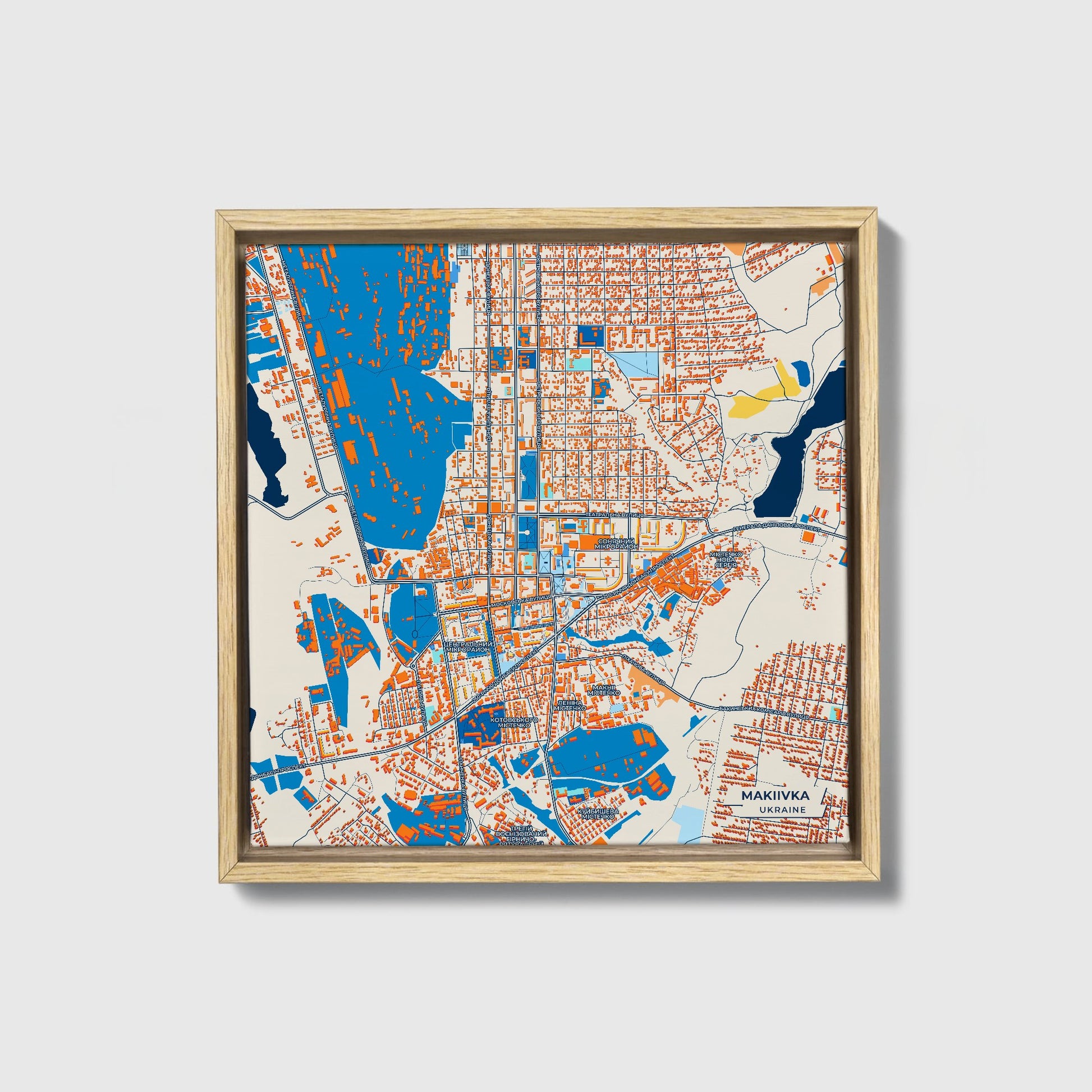 Макіївка Ukraine Colorful City Map Canvas Print • Natural Wooden Framed