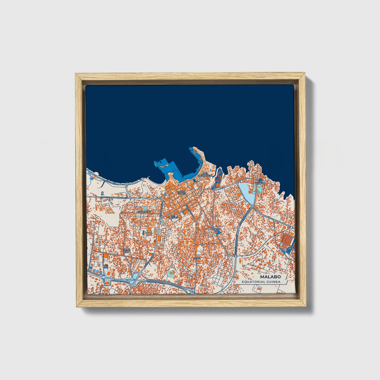 Malabo Equatorial Guinea Colorful City Map Canvas Print • Natural Wooden Framed