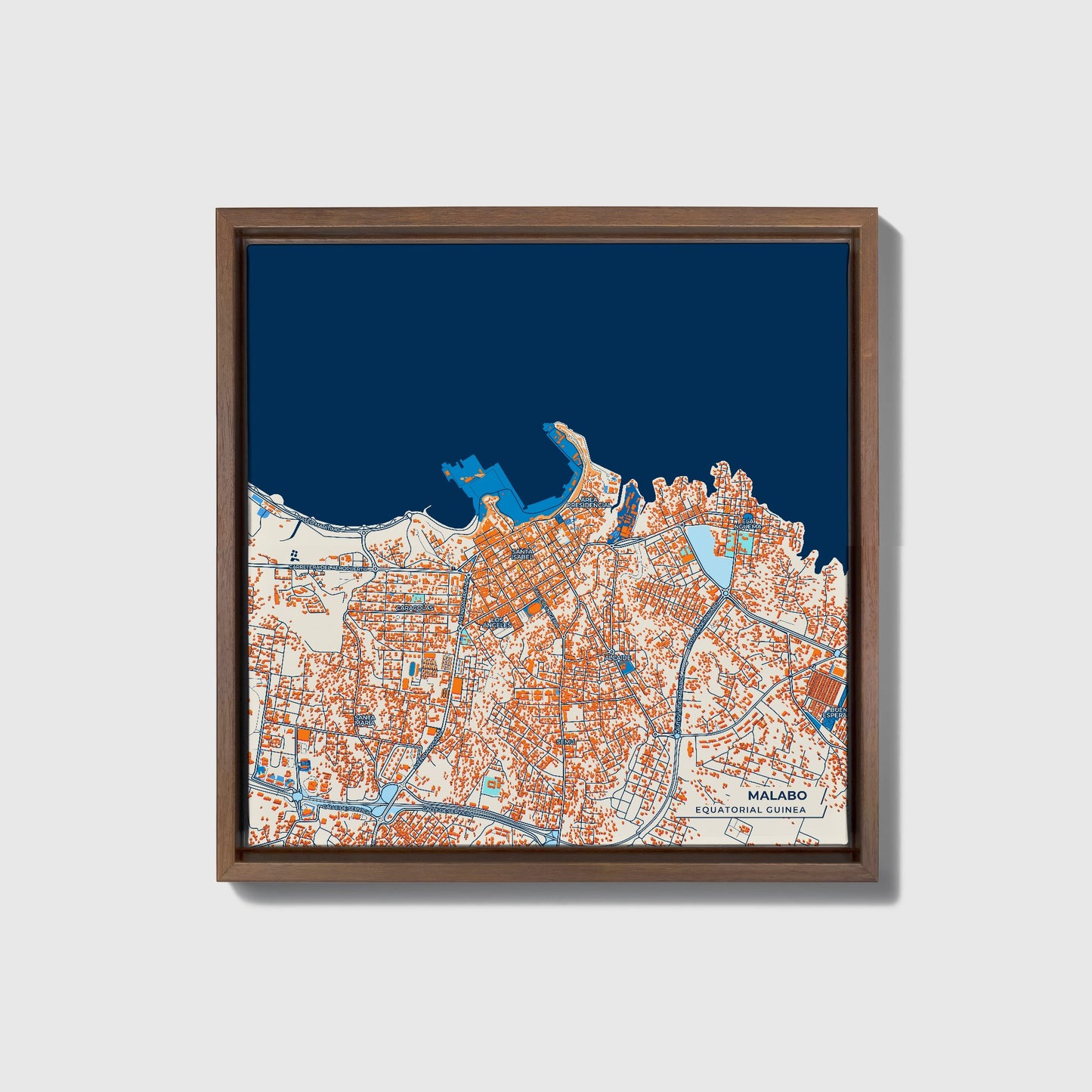 Malabo Equatorial Guinea Colorful City Map Canvas Print • Dark Wooden Framed