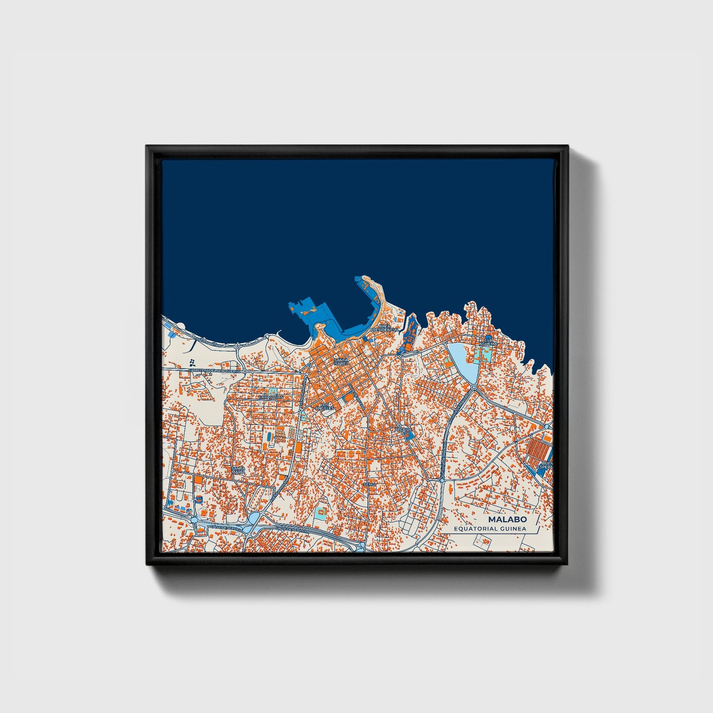 Malabo Equatorial Guinea Colorful City Map Canvas Print • Black Framed