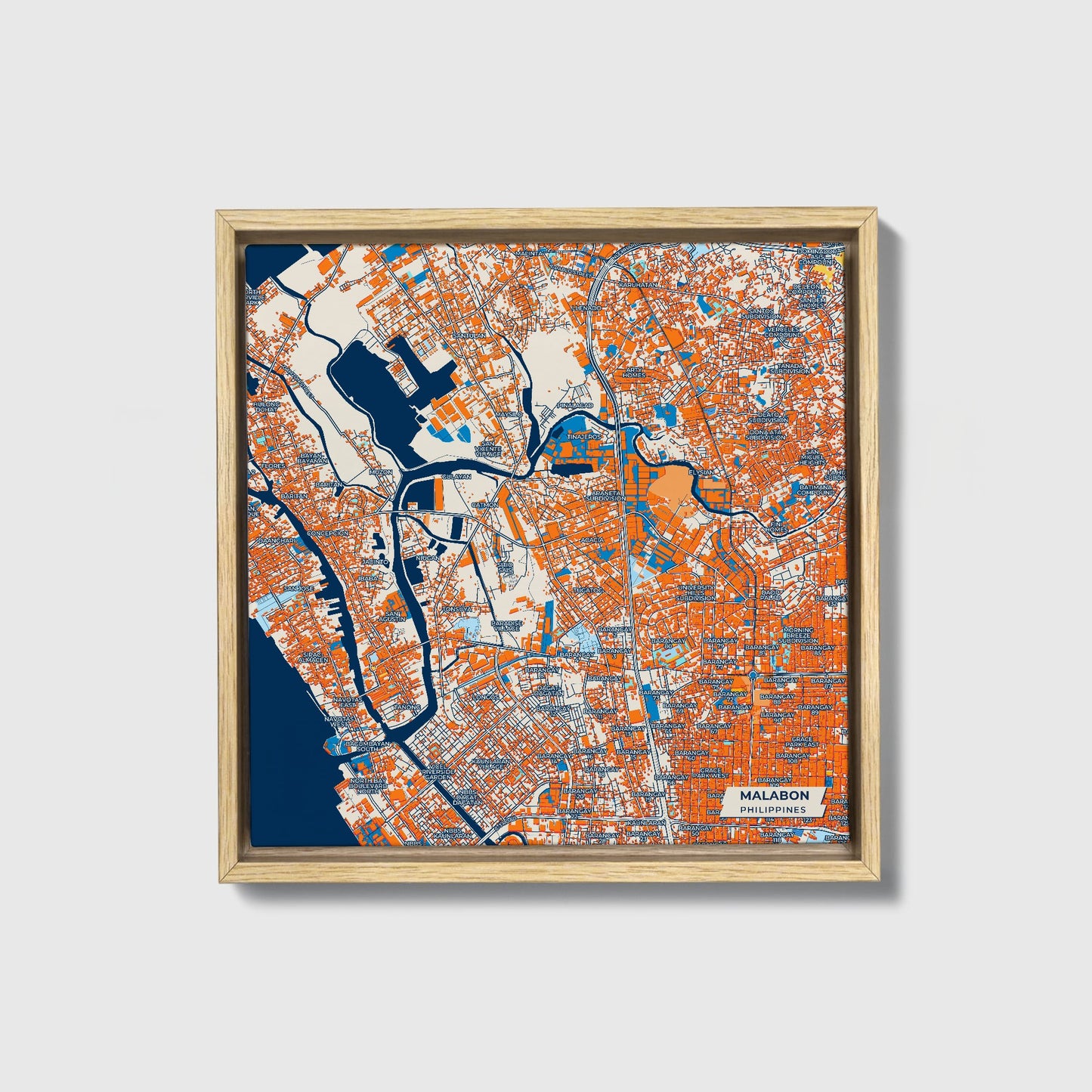 Malabon Philippines Colorful City Map Canvas Print • Natural Wooden Framed