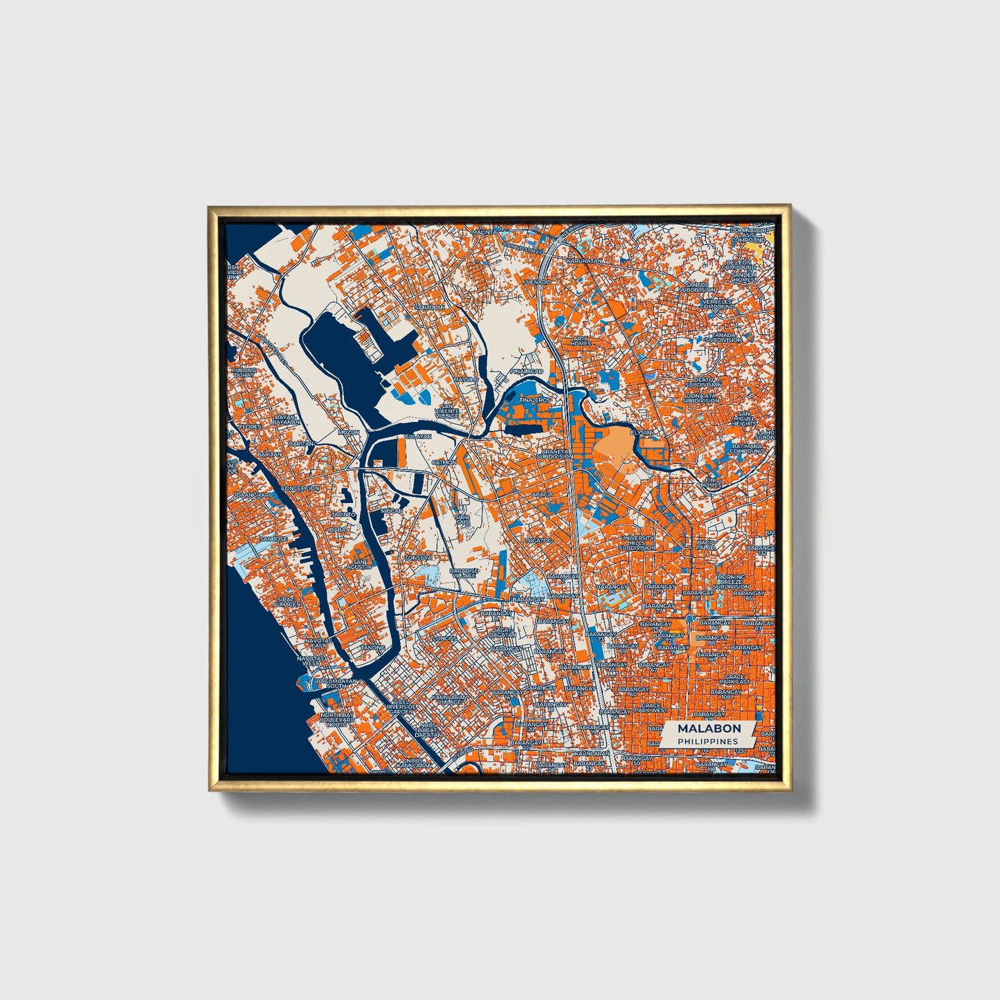 Malabon Philippines Colorful City Map Canvas Print • Gold Framed