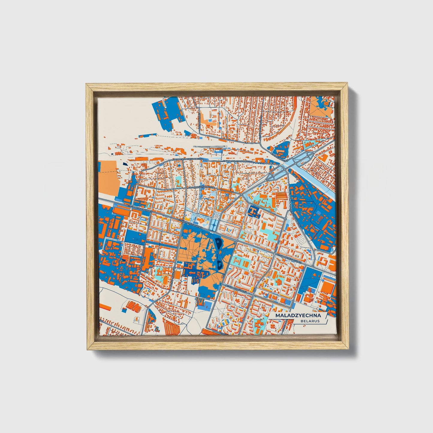 Маладзеечна Belarus Colorful City Map Canvas Print • Natural Wooden Framed