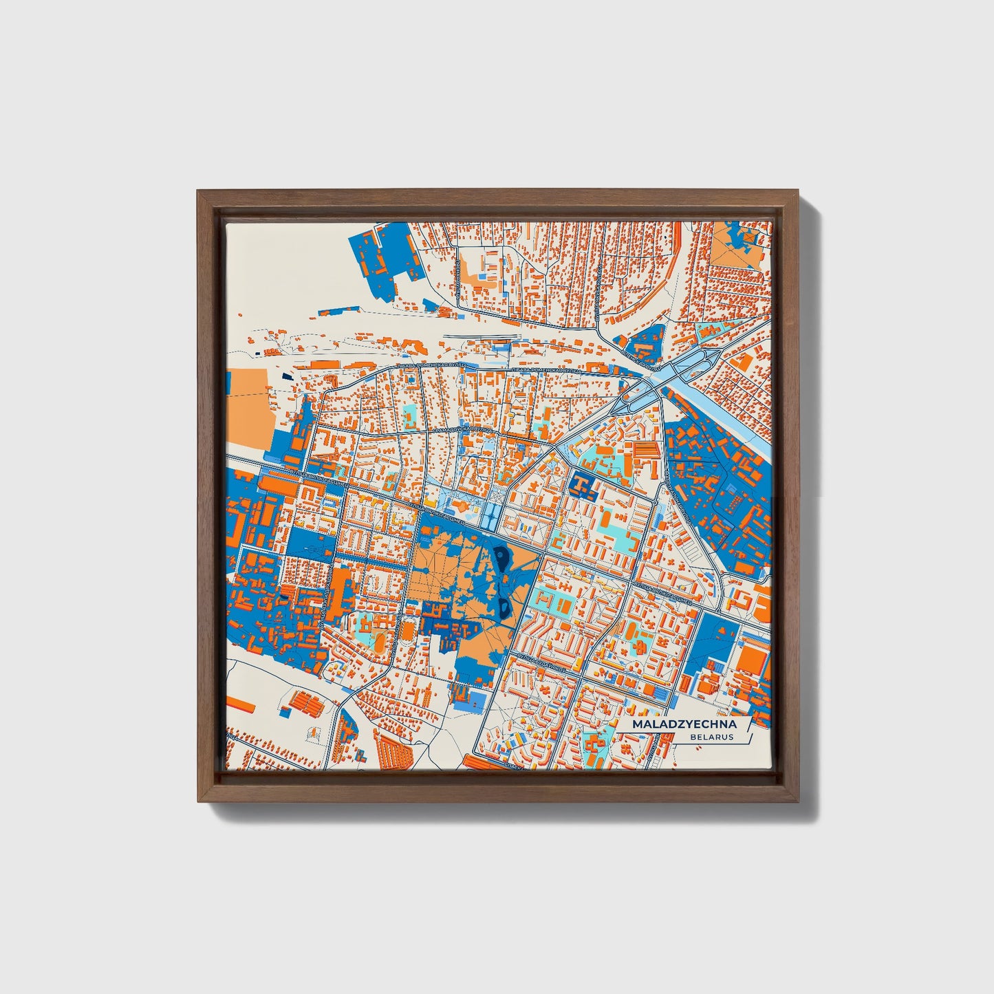 Маладзеечна Belarus Colorful City Map Canvas Print • Dark Wooden Framed
