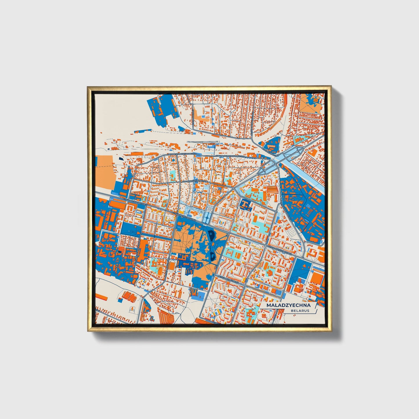 Маладзеечна Belarus Colorful City Map Canvas Print • Gold Framed
