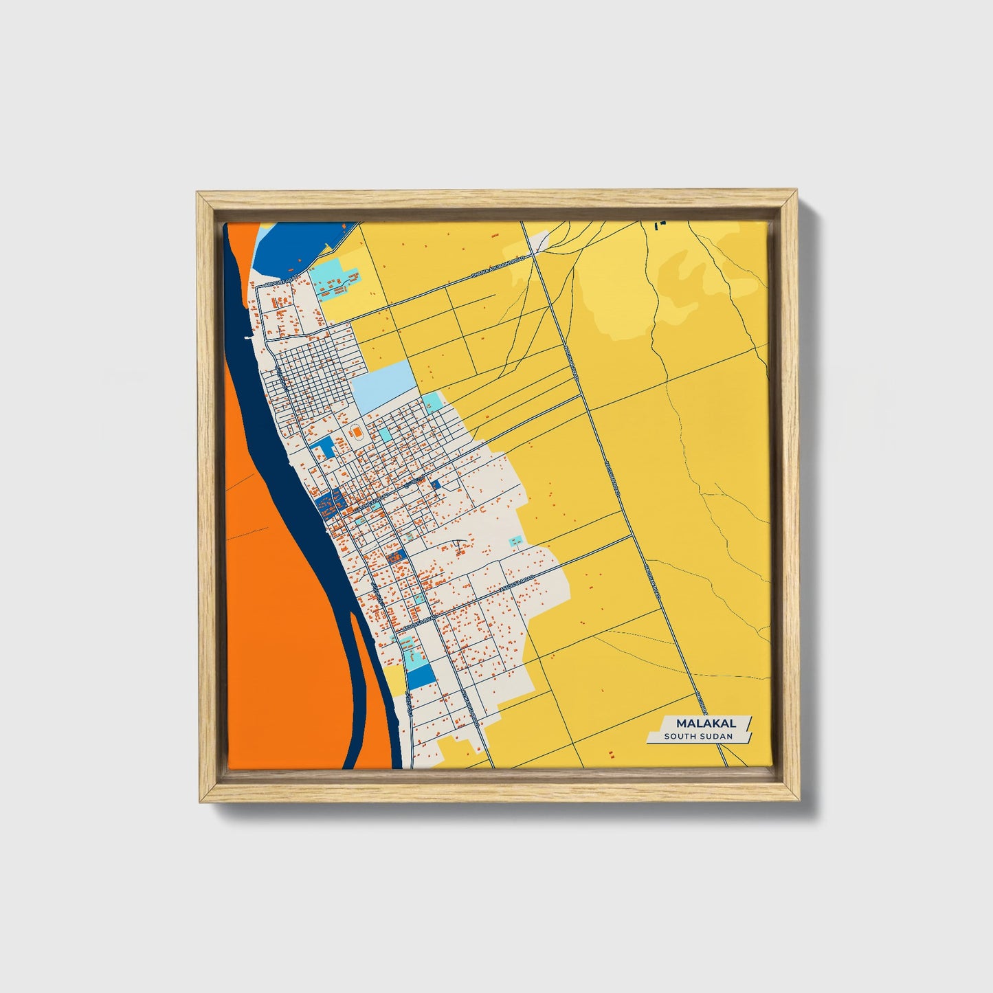 Malakal South Sudan Colorful City Map Canvas Print • Natural Wooden Framed