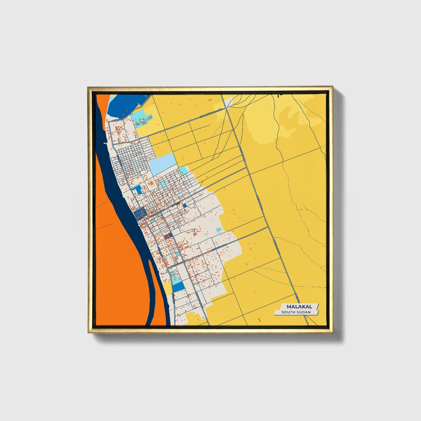 Malakal South Sudan Colorful City Map Canvas Print • Gold Framed