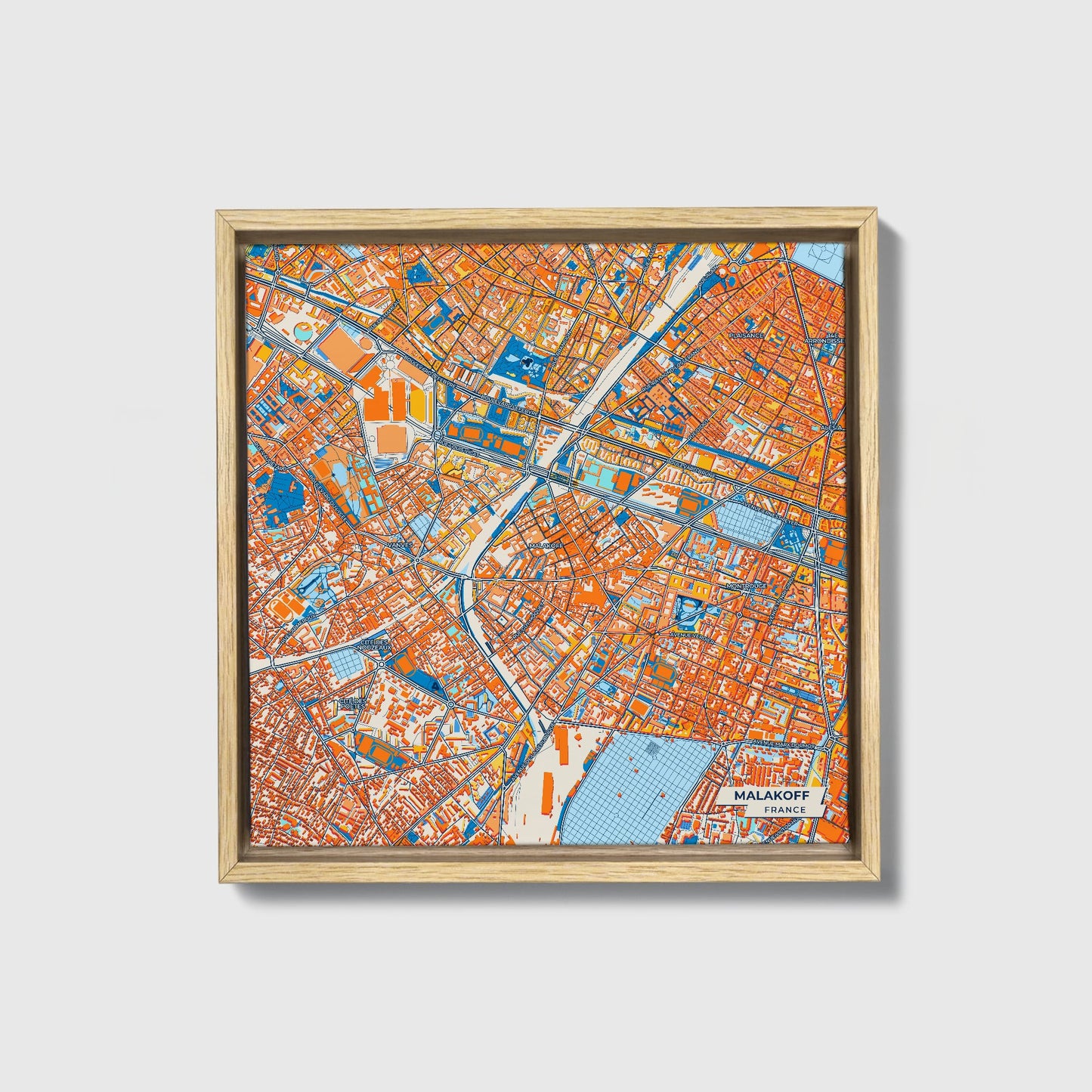 Malakoff France Colorful City Map Canvas Print • Natural Wooden Framed