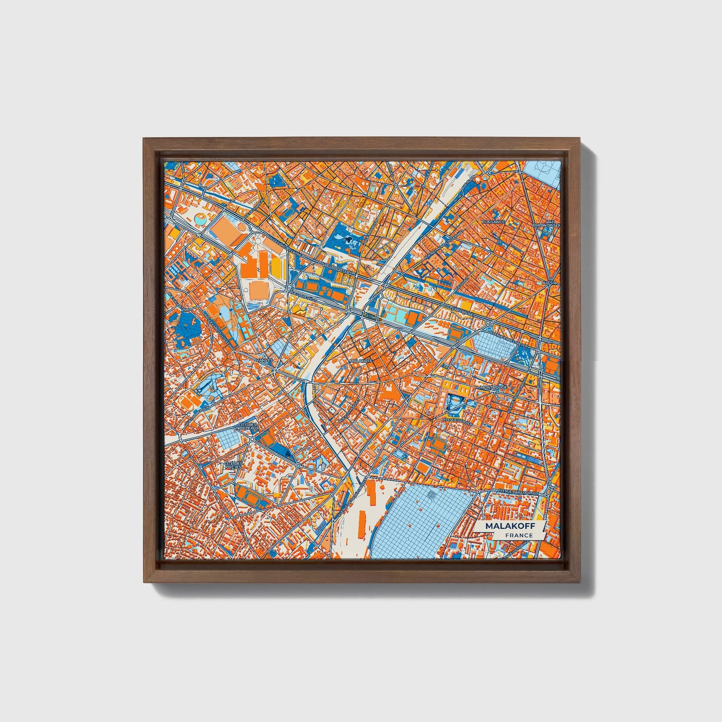 Malakoff France Colorful City Map Canvas Print • Dark Wooden Framed