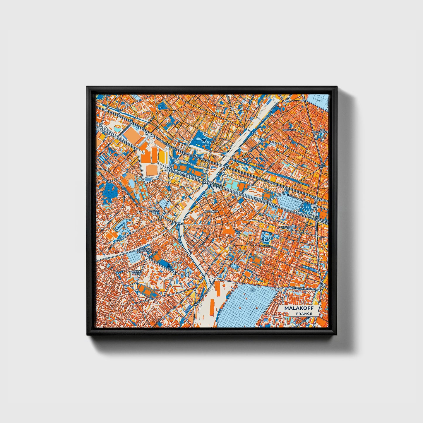 Malakoff France Colorful City Map Canvas Print • Black Framed