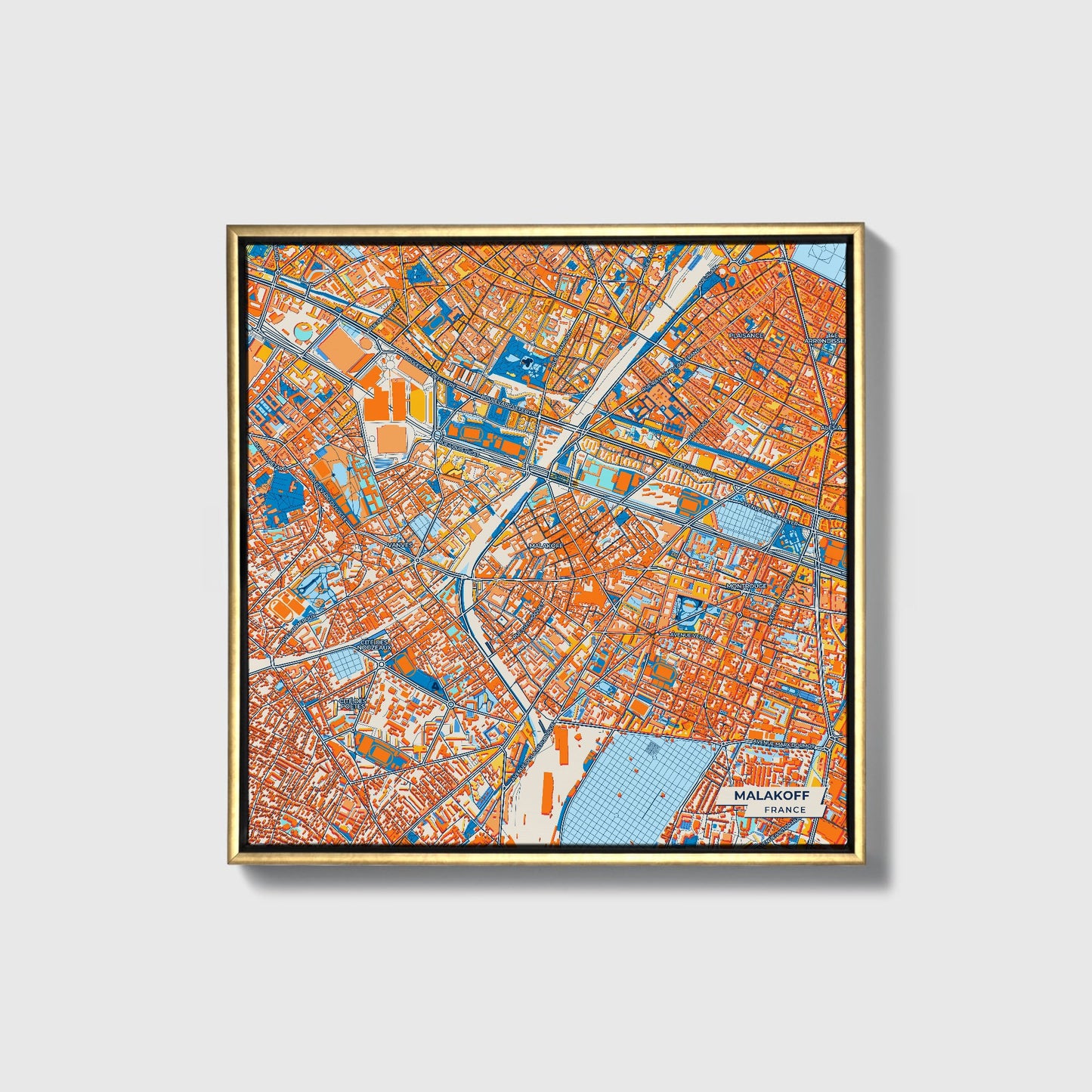 Malakoff France Colorful City Map Canvas Print • Gold Framed