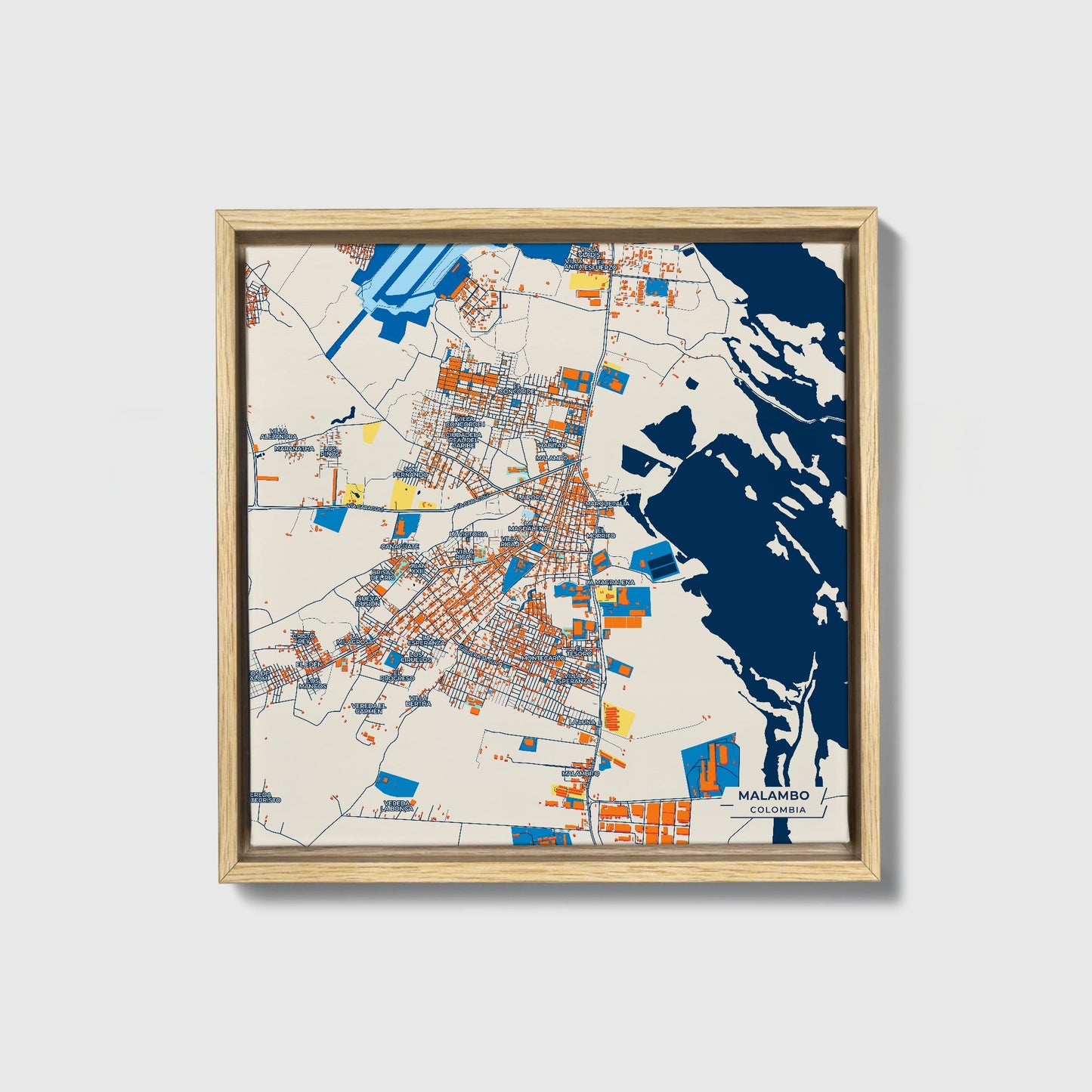 Malambo Colombia Colorful City Map Canvas Print • Natural Wooden Framed