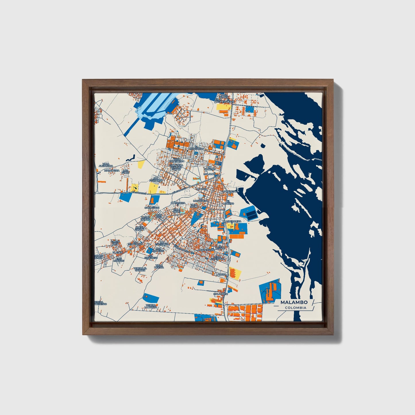Malambo Colombia Colorful City Map Canvas Print • Dark Wooden Framed