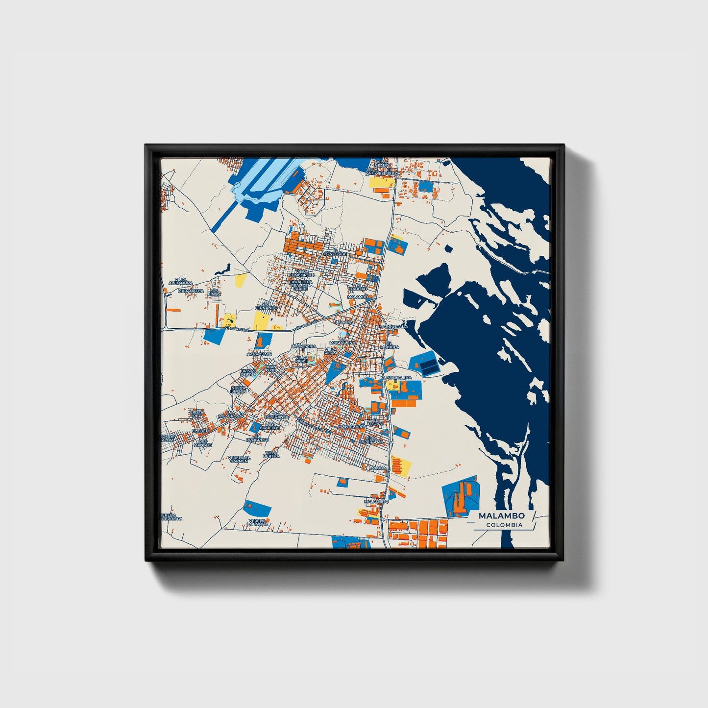 Malambo Colombia Colorful City Map Canvas Print • Black Framed