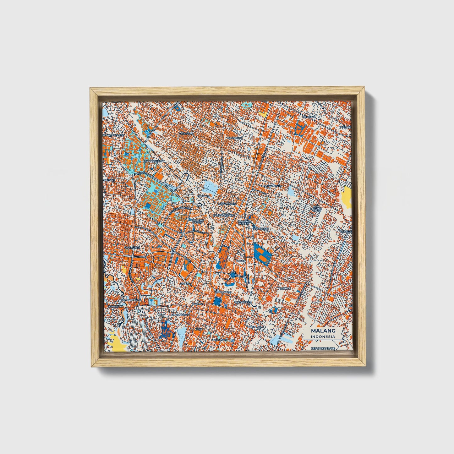 Malang Indonesia Colorful City Map Canvas Print • Natural Wooden Framed