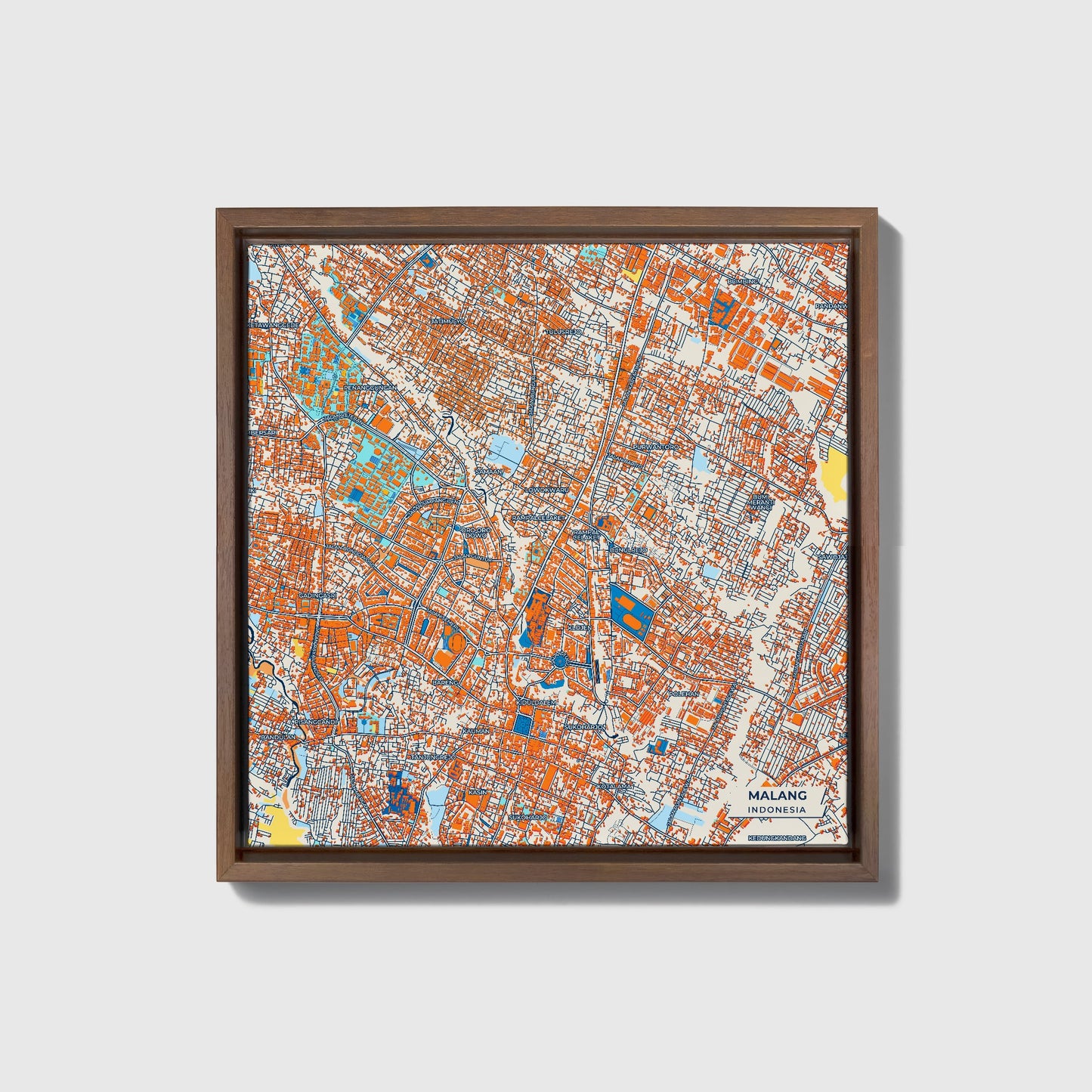 Malang Indonesia Colorful City Map Canvas Print • Dark Wooden Framed