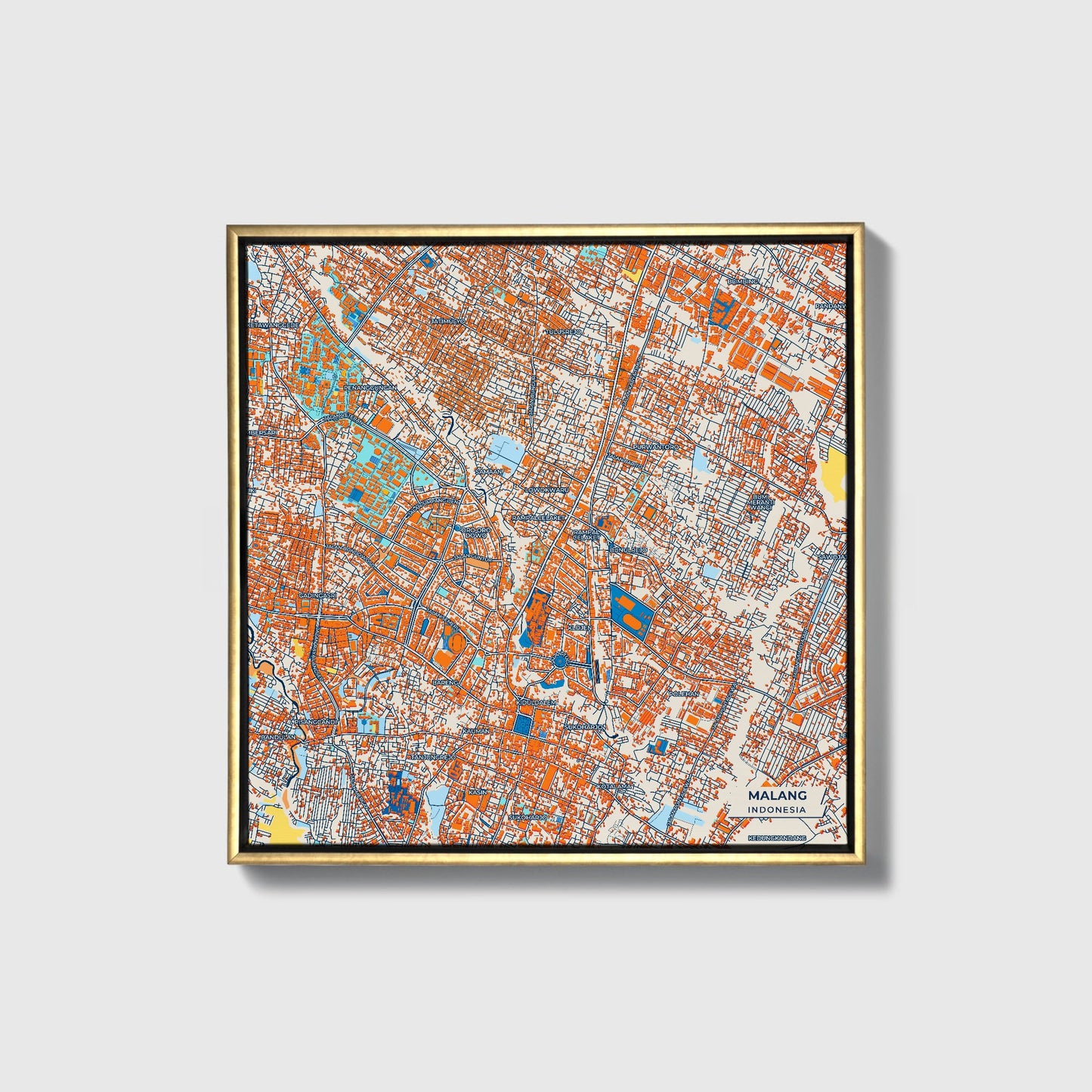 Malang Indonesia Colorful City Map Canvas Print • Gold Framed