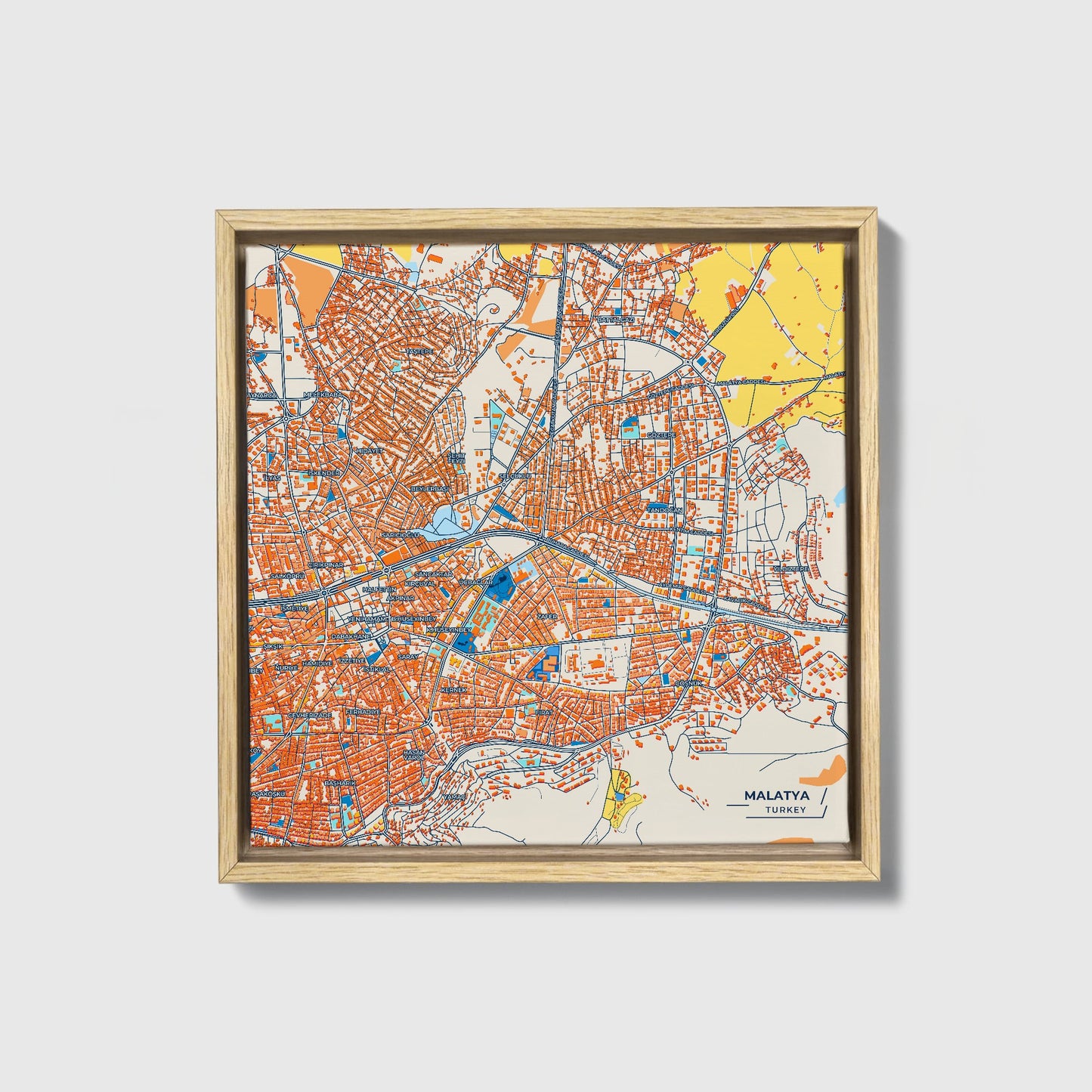 Malatya Turkey Colorful City Map Canvas Print • Natural Wooden Framed