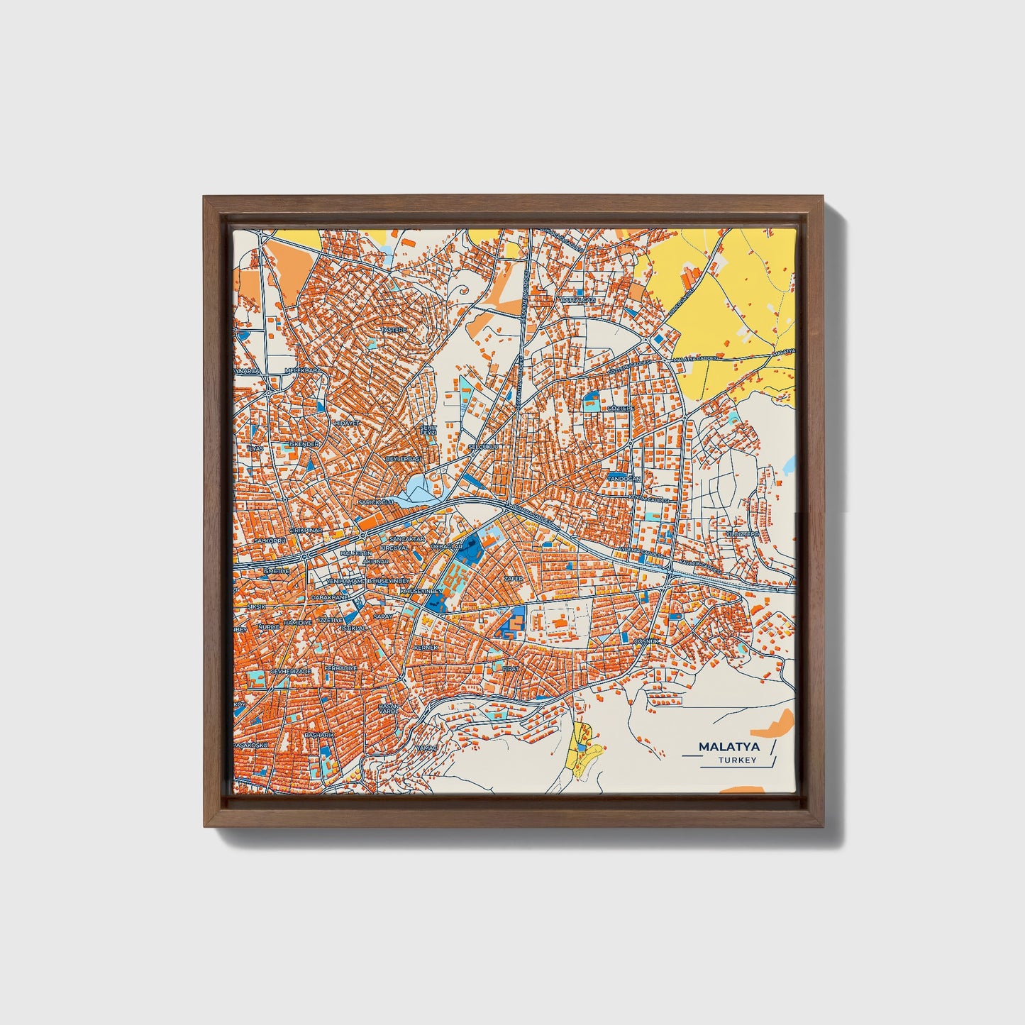 Malatya Turkey Colorful City Map Canvas Print • Dark Wooden Framed