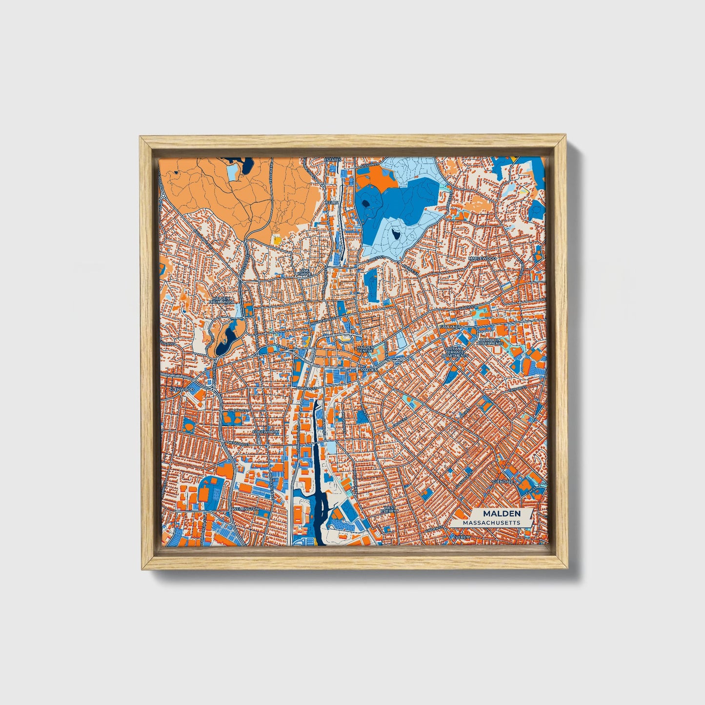 Malden Massachusetts Colorful City Map Canvas Print • Natural Wooden Framed