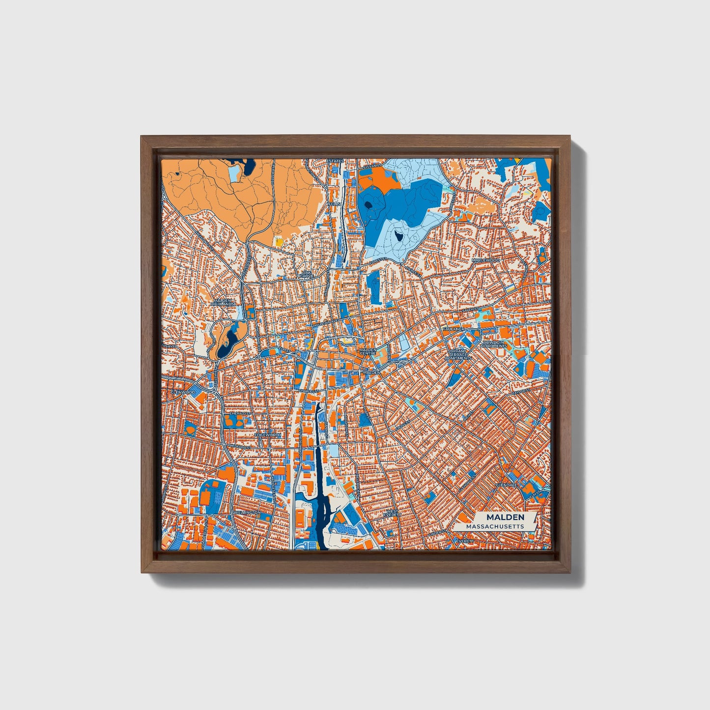 Malden Massachusetts Colorful City Map Canvas Print • Dark Wooden Framed