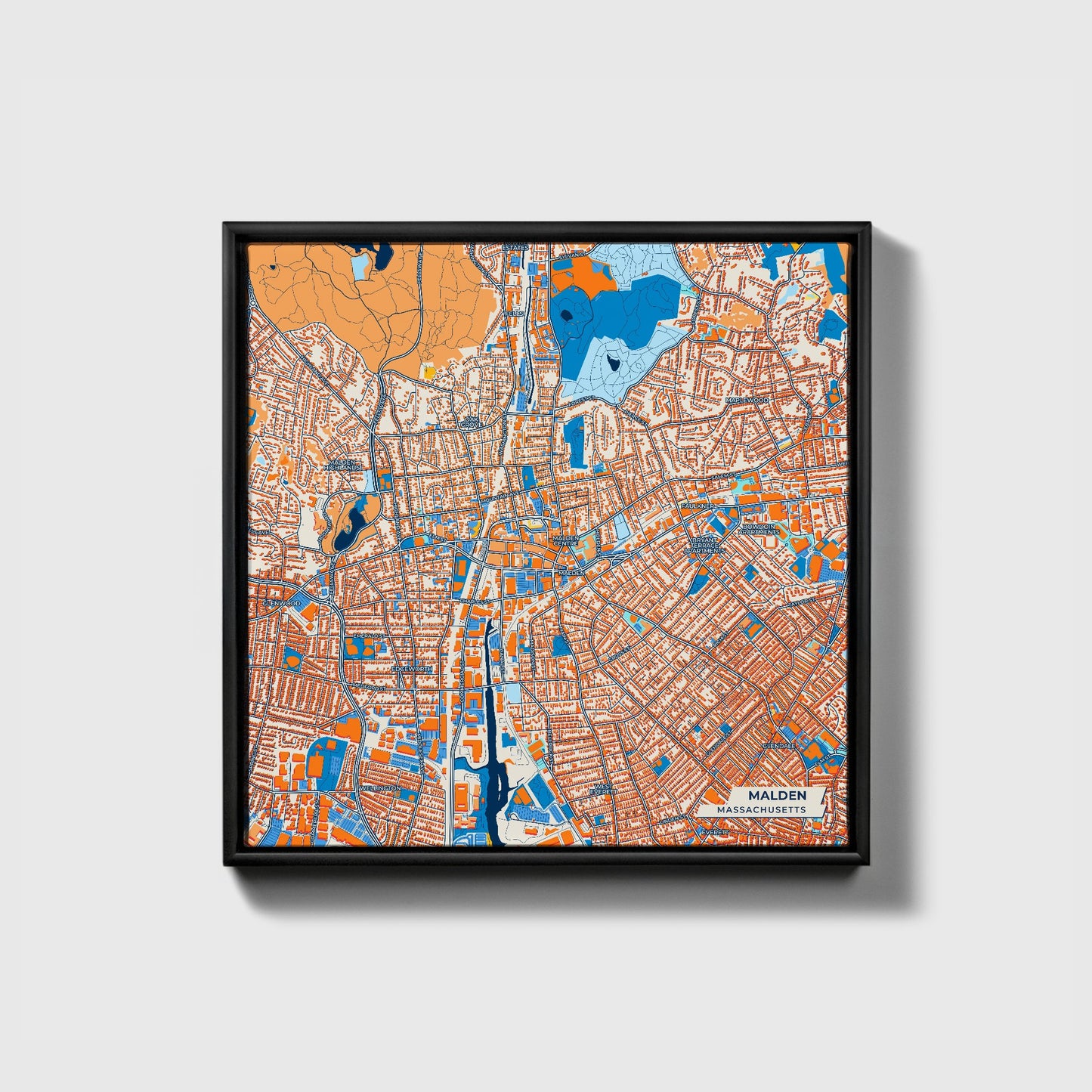 Malden Massachusetts Colorful City Map Canvas Print • Black Framed