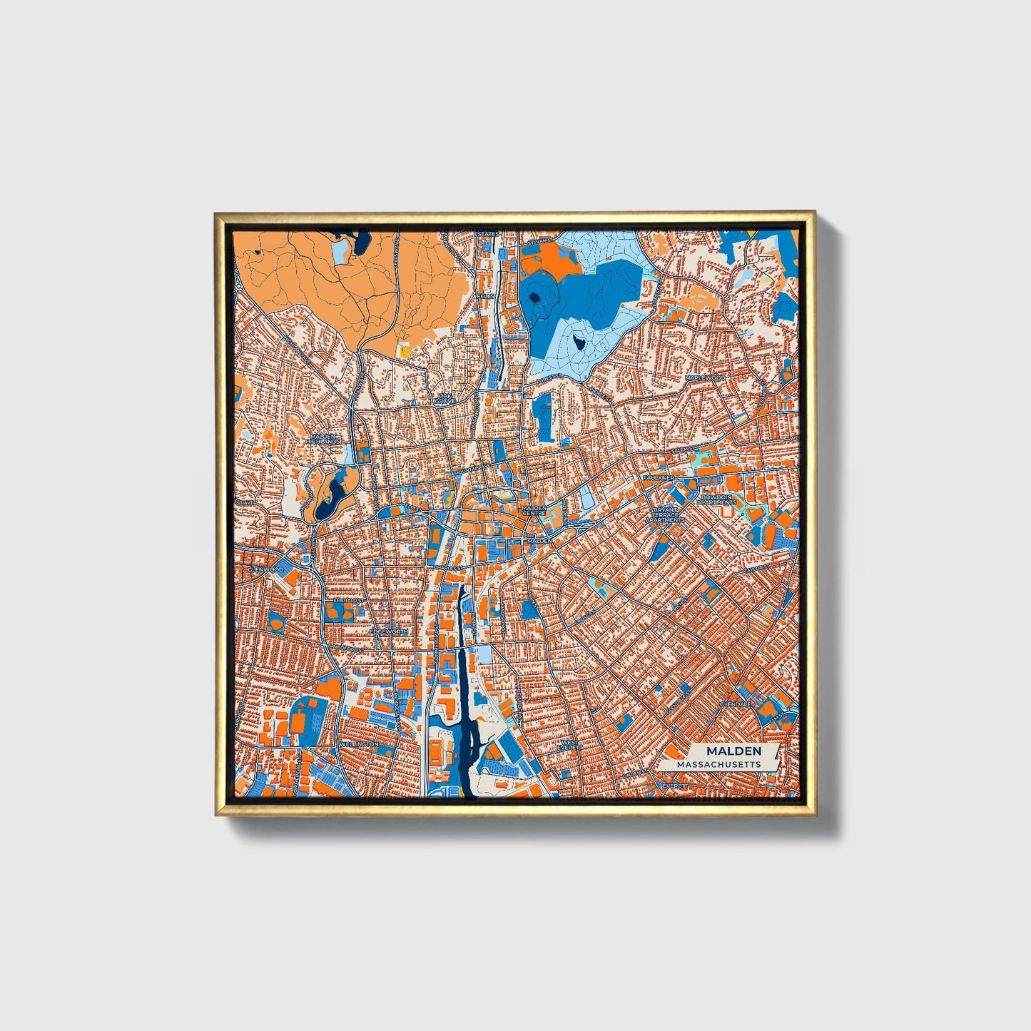Malden Massachusetts Colorful City Map Canvas Print • Gold Framed