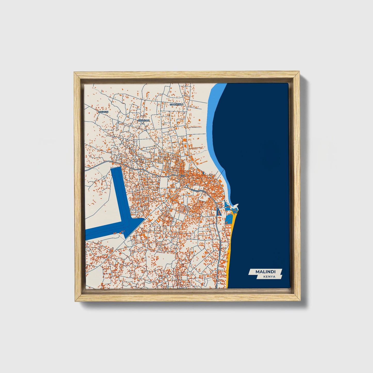 Malindi Kenya Colorful City Map Canvas Print • Natural Wooden Framed