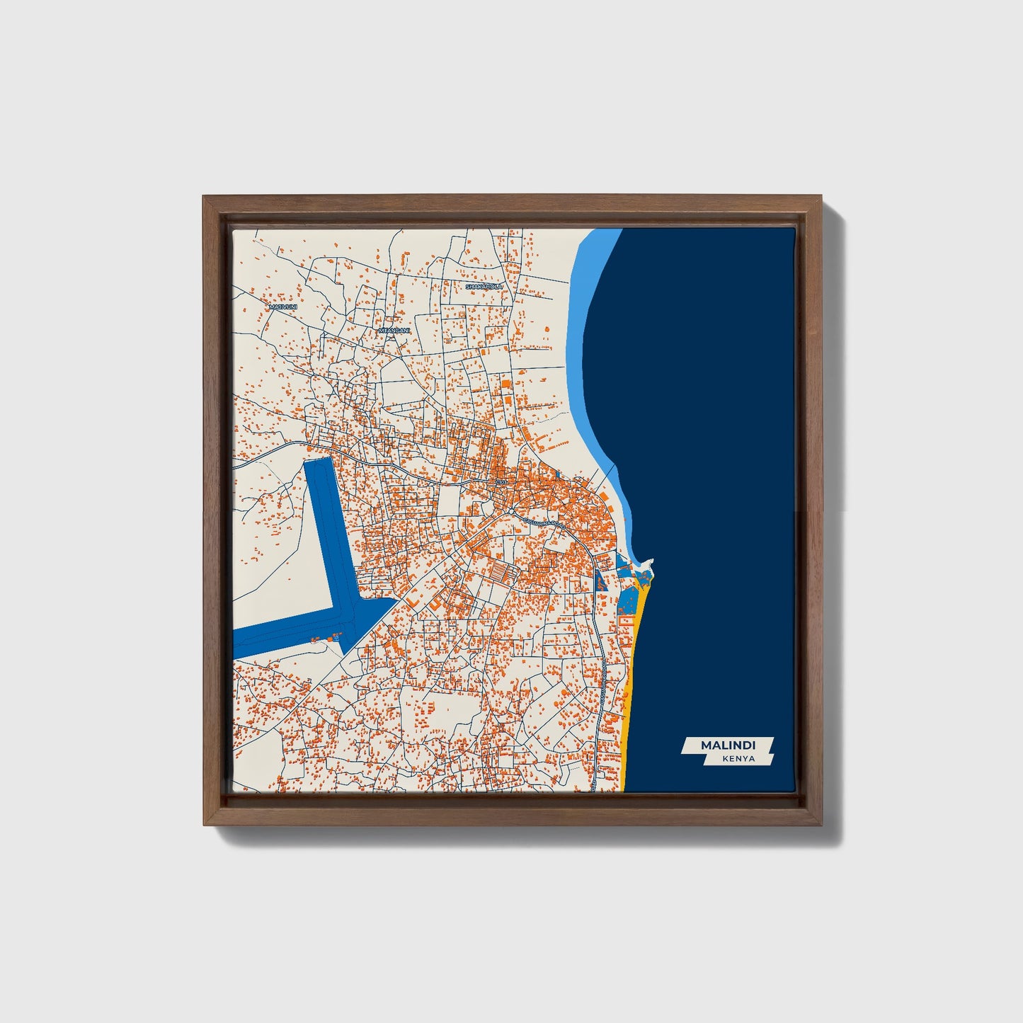 Malindi Kenya Colorful City Map Canvas Print • Dark Wooden Framed